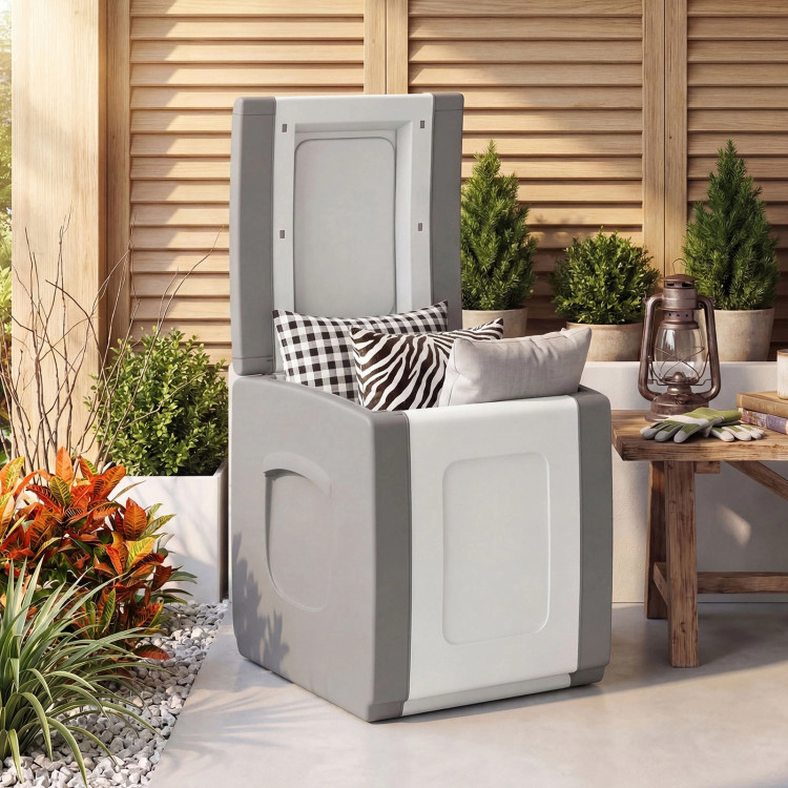 SUGIFT 27-Gallon Outdoor Deck Box with Lid 180-lb Capacity PP Storage Box Beige + White Gray + White