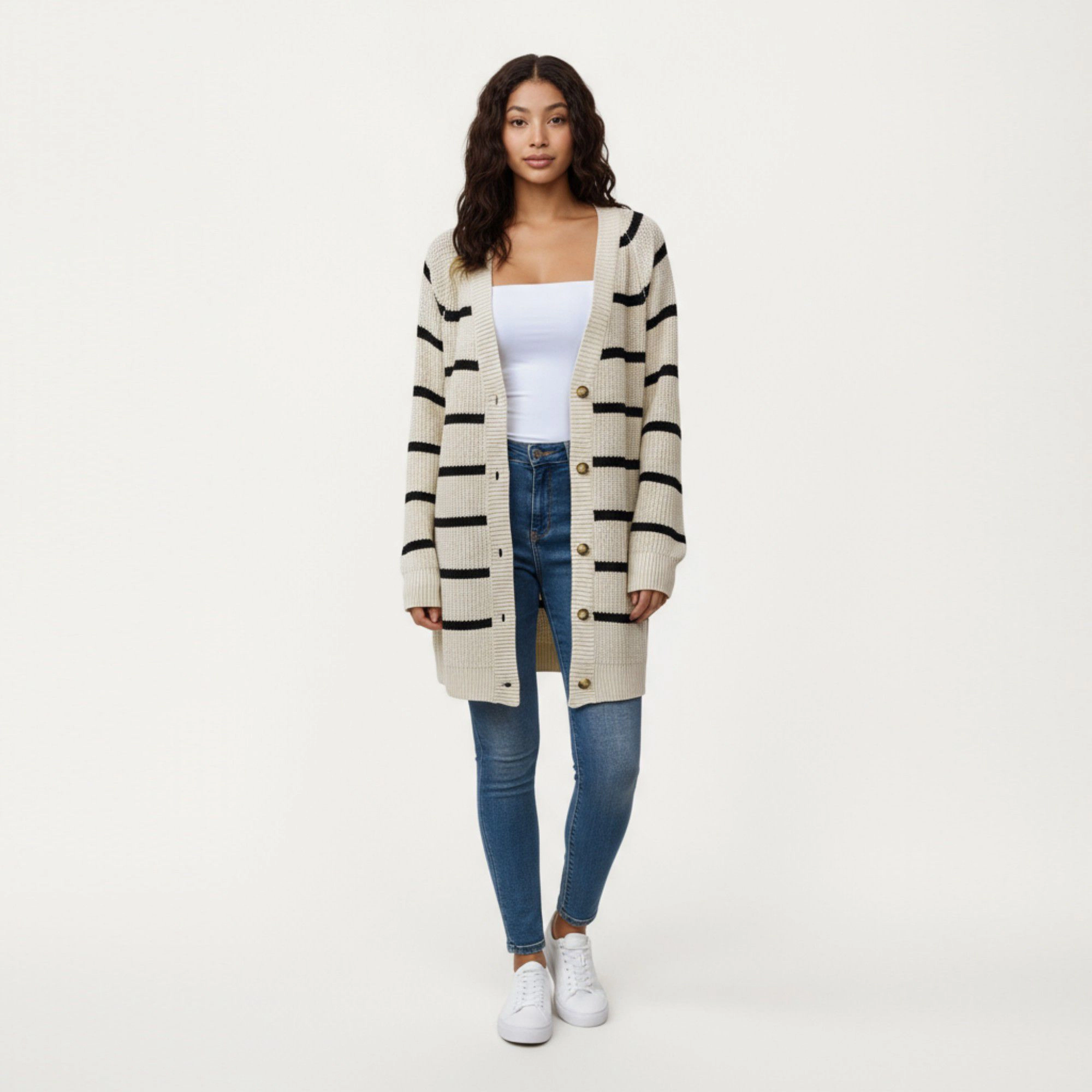 Anna-Kaci Women's Long Sleeve Striped Knit Cardigan with Button Front and Ribbed Trim