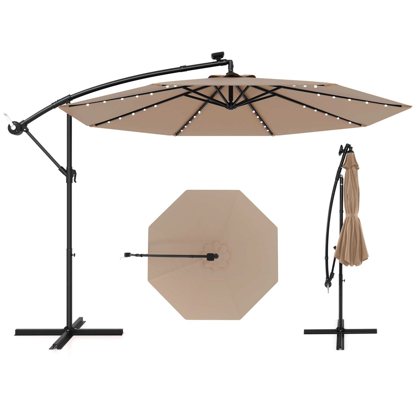 SUGIFT 10-ft Tan Solar LED Offset Patio Umbrella, 40 Lights, Crank Lift, Cross Base