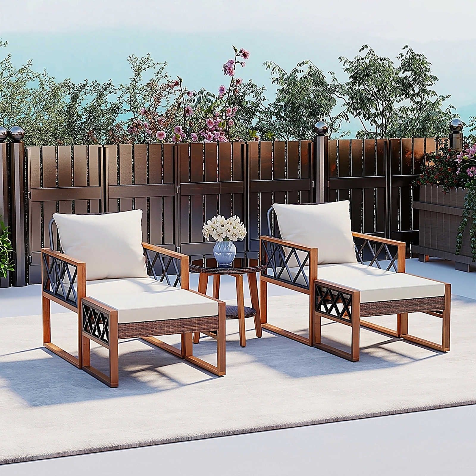 SUGIFT 5-Piece Brown Wicker Patio Set with 2 Lounge Chairs, 2 Ottomans and Acacia Wood Glass-Top Table