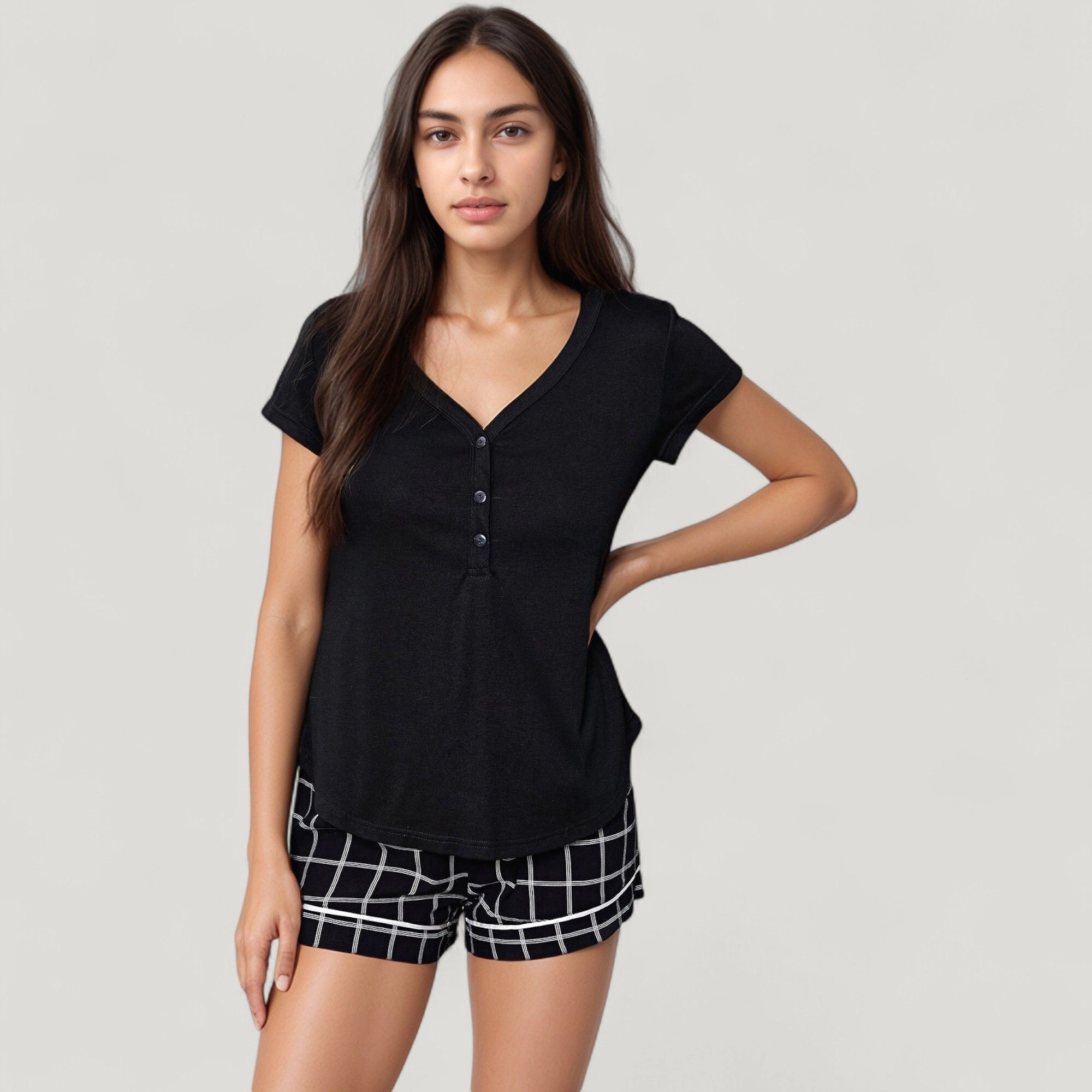 Anna-Kaci Women's Short Sleeve Button Front Sleep Shirt and Plaid Drawstring Lounge Shorts Pajama Set