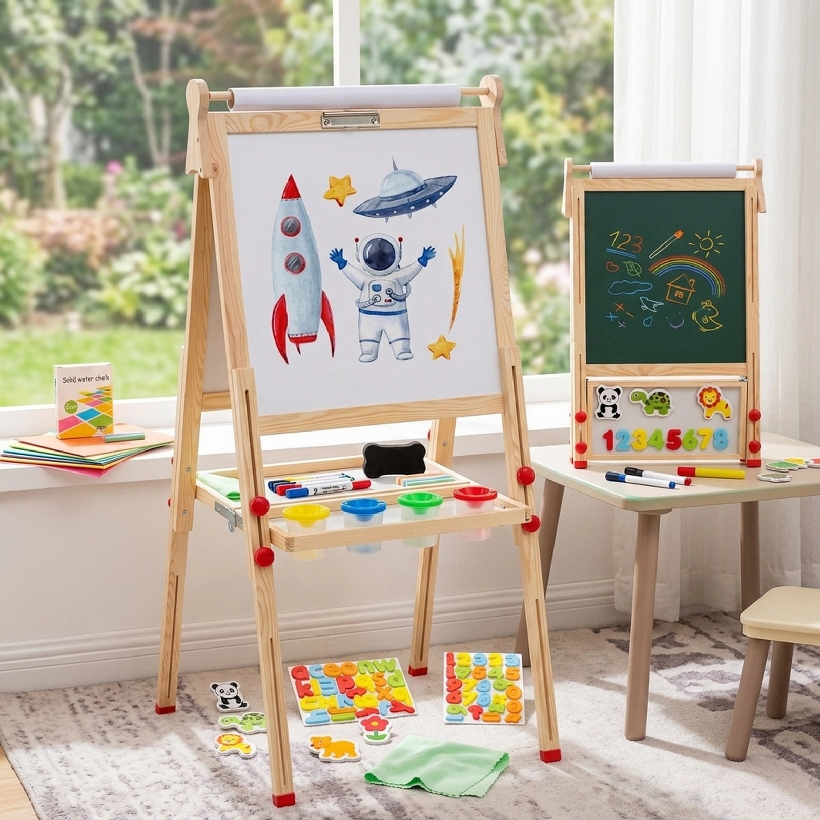 3-in-1 Folding Wooden Art Easel for Kids Ages 3 to 14 Magnetic Whiteboard Chalkboard 88-Piece Kit 16.4-ft Paper Roll