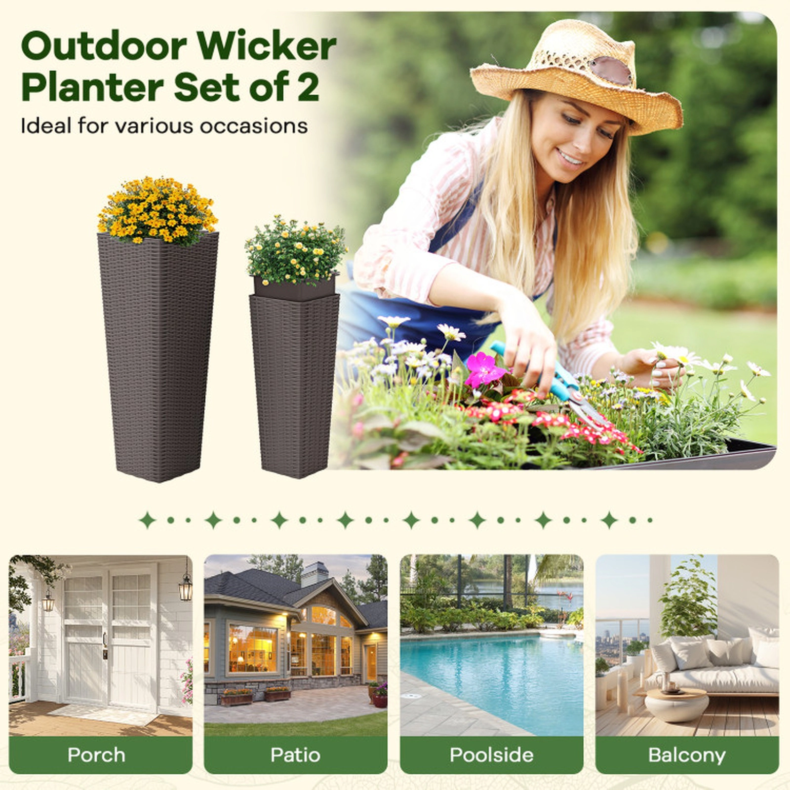 SUGIFT Set of 2 Rattan-Style Tall Tapered Planters with Inner Trays 32-in and 24-in Outdoor Flowerpots Black/Coffee