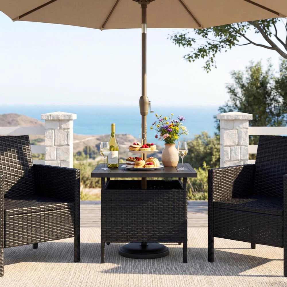 Hivvago Patio Square Wicker Side Table With Umbrella Hole For Yard