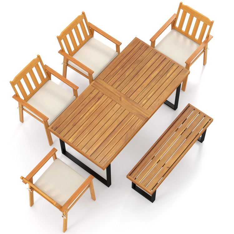 Hivvago 6 Pieces Patio Dining Table Set 63” Rectangle Table With 4 Acacia Wood Armchairs And Backless Bench