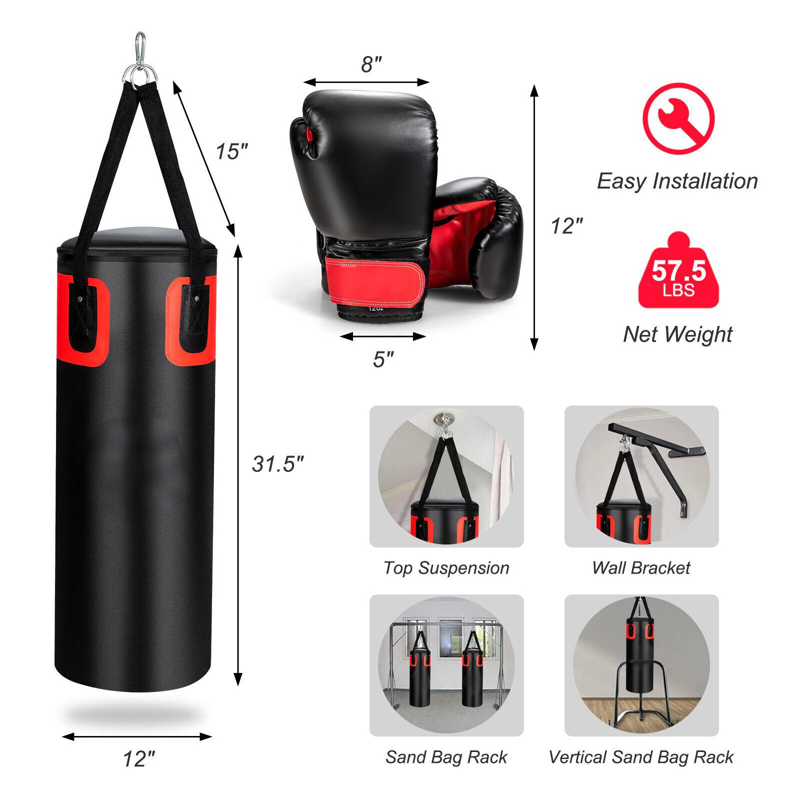 SUGIFT Black and Red 56-lb Adult Filled Punching Bag Set with Boxing Gloves 12-in W 12-in D 31.5-in H