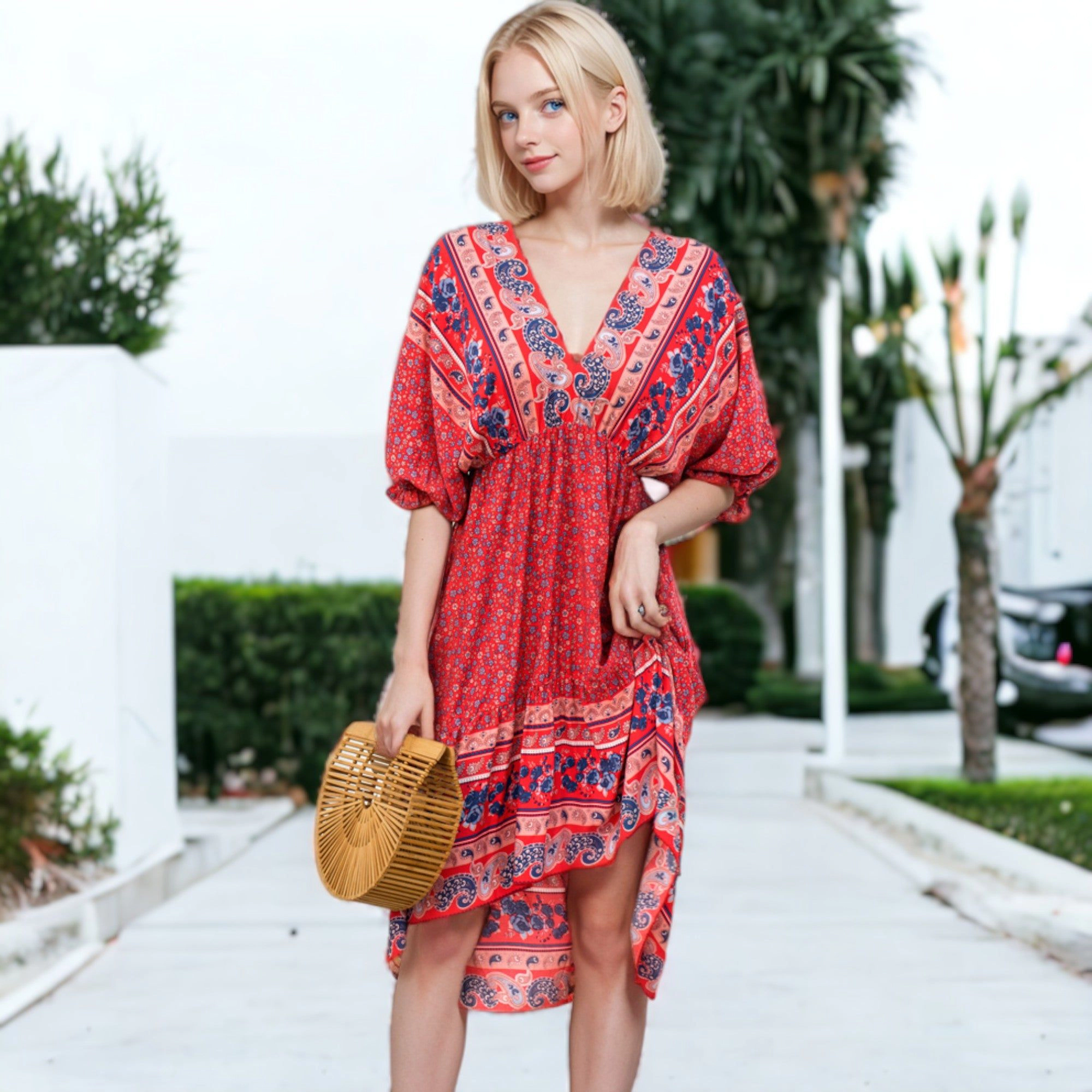 Anna-Kaci Women's Mixed Print Asymmetrical Hem Dress