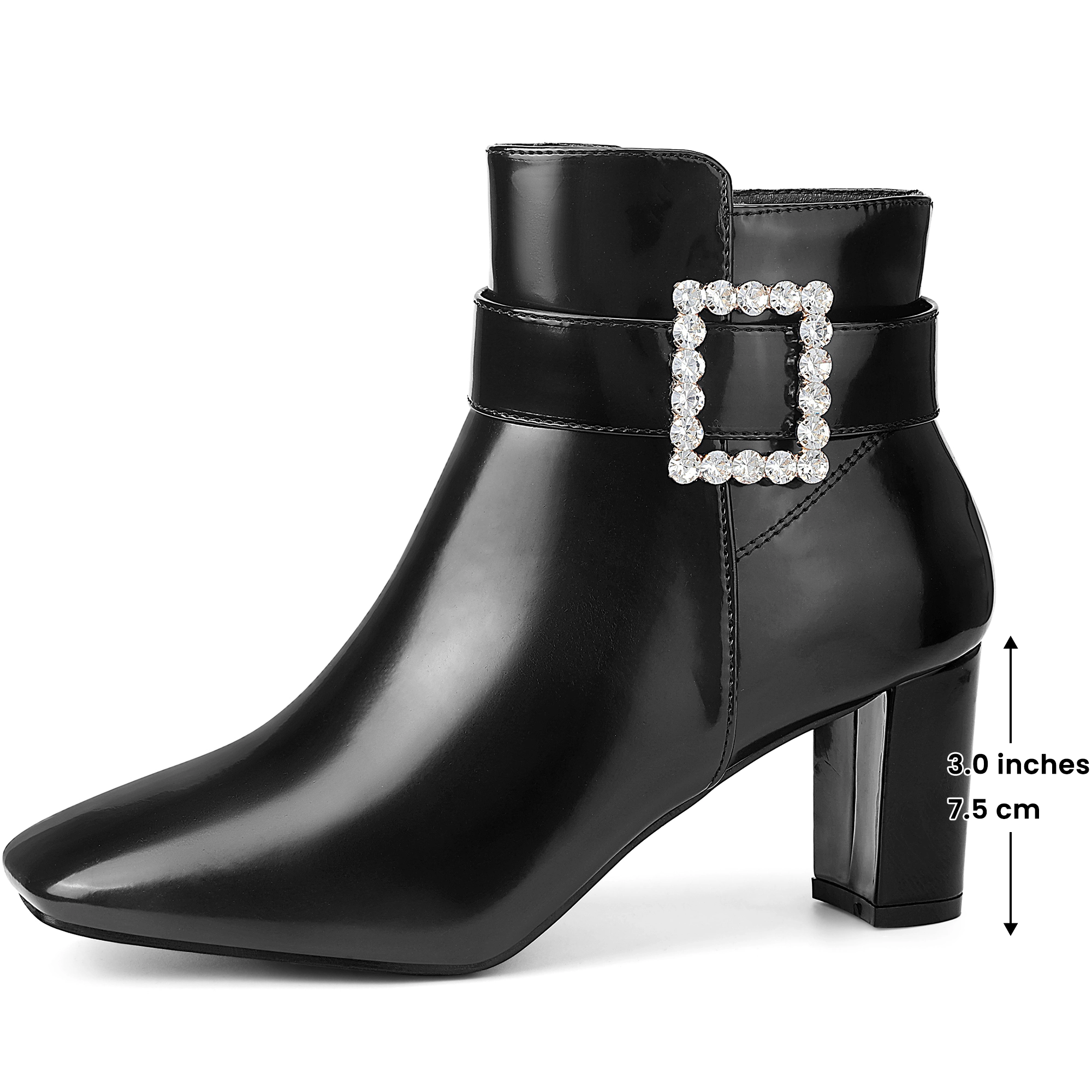 BLISSFUL STEP Women's Rhinestone Buckle Square Toe Chunky Heel Ankle Boots