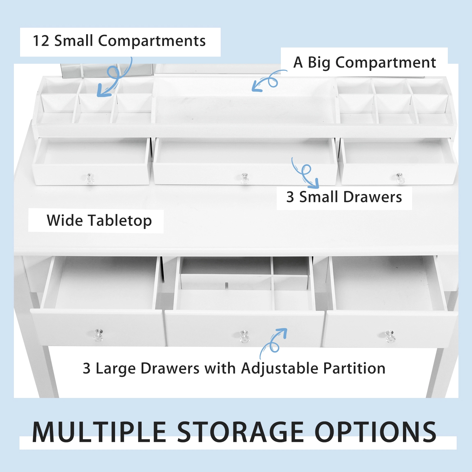 SUGIFT White Large Tri-Folding Lighted Mirror and 6 Drawers Vanity Table and Stool Set