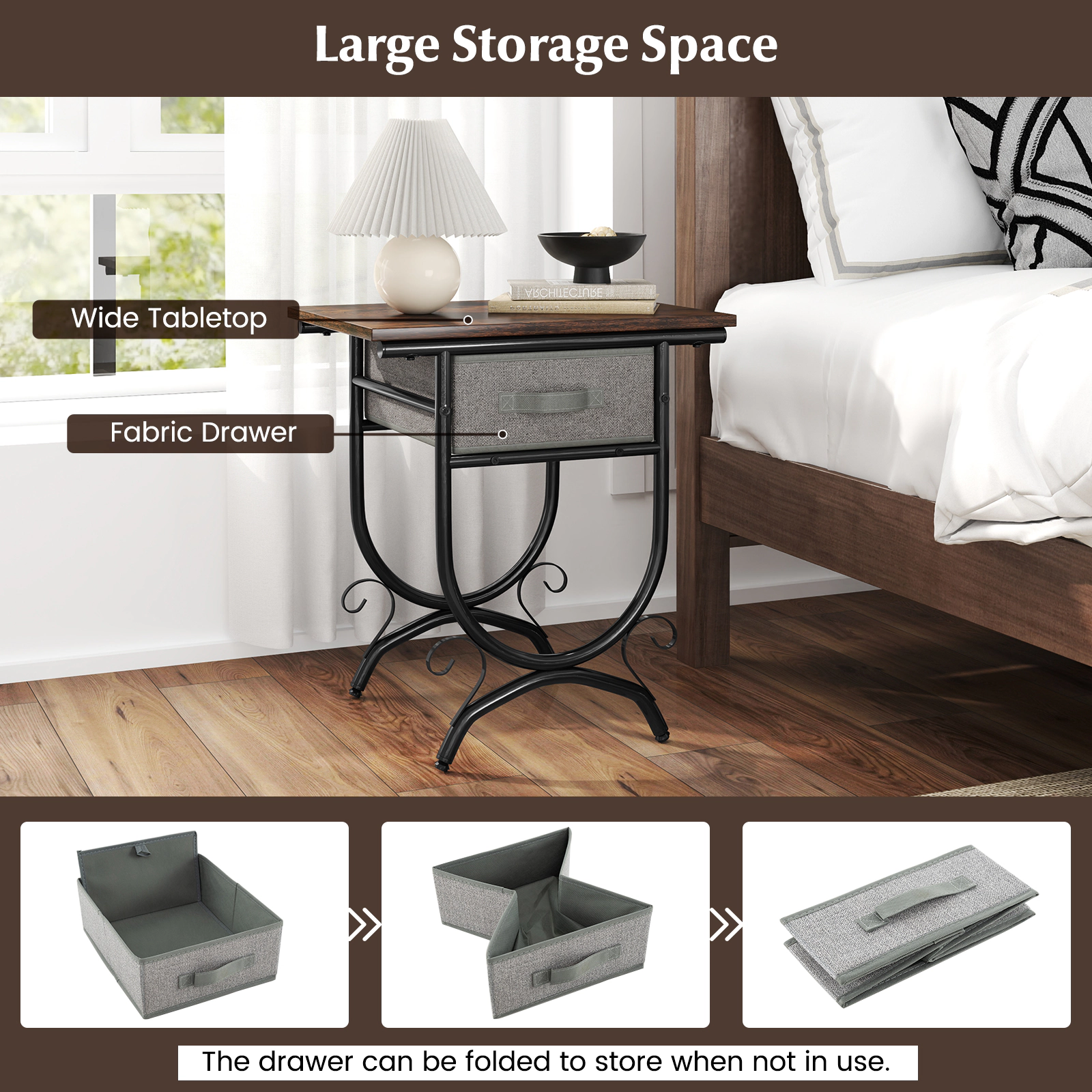 SUGIFT Wide Top Side Table Nightstand Foldable Fabric Drawer & Carved Metal Frame 88-lb Tabletop Capacity Black & Gray