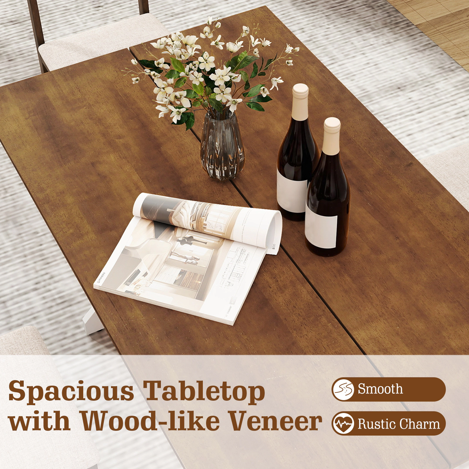 SUGIFT 55-in Walnut Rectangular Dining Table for 4 to 6, Solid Wood Trestle Base