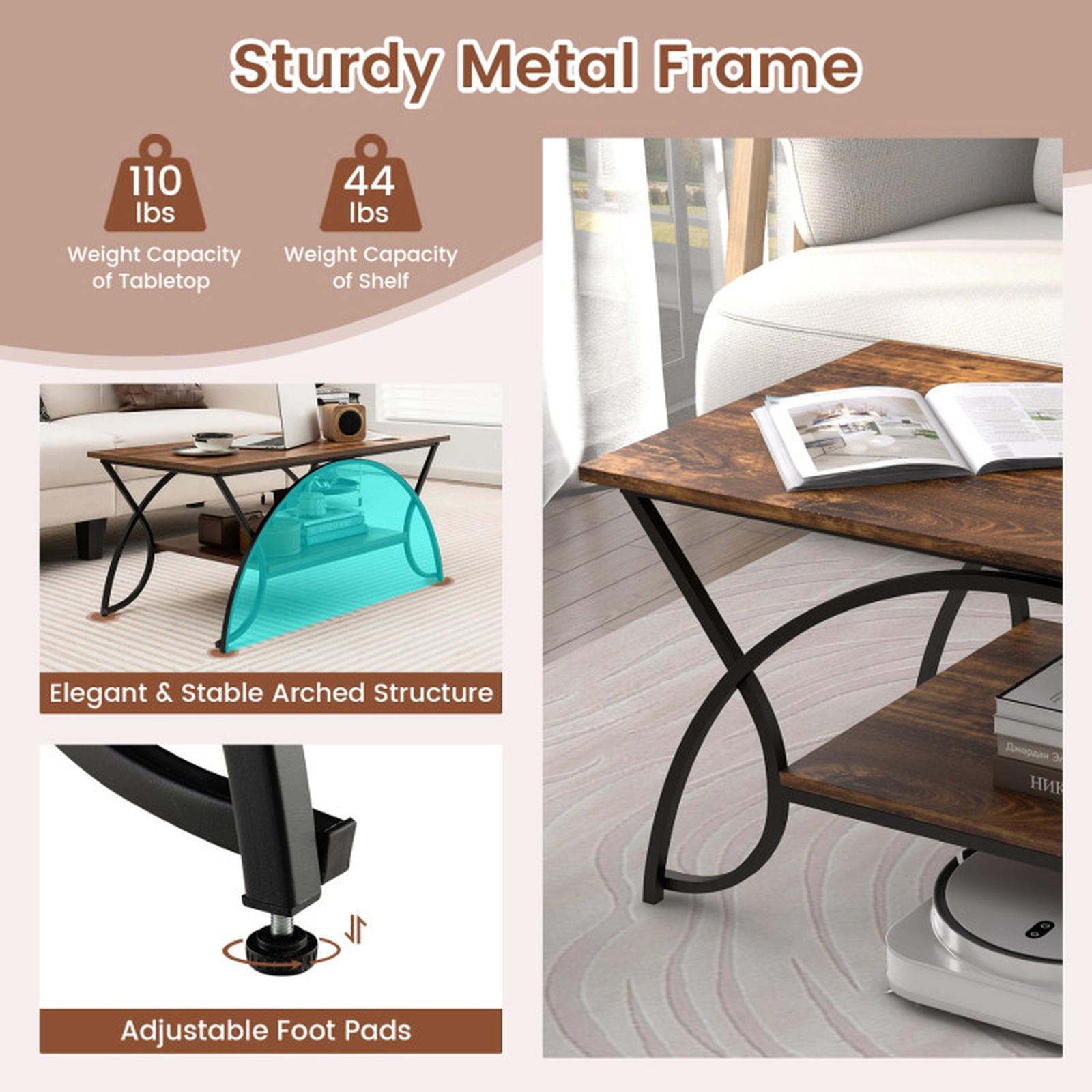 SUGIFT 2-Tier Arched Steel Frame Wood Grain Top Coffee Table 39.5-in x 19.5-in x 18-in 110-lb Capacity Rustic Brown