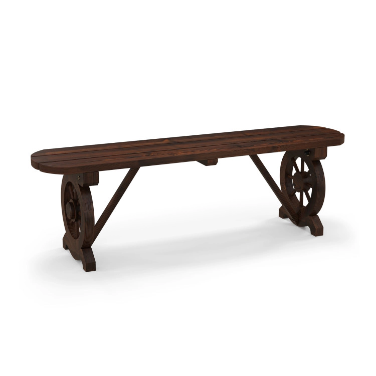 Hivvago Patio Rustic Wood Bench With Wagon Wheel Base