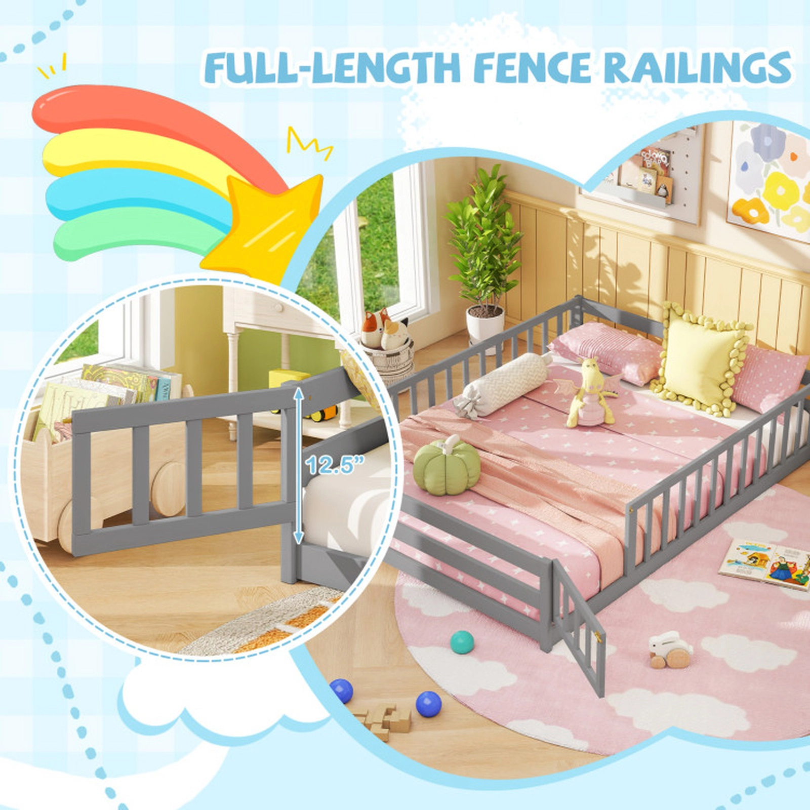 SUGIFT Full-Length Safety Guardrails and Lockable Door Pine Wood Full Kids Floor Bed