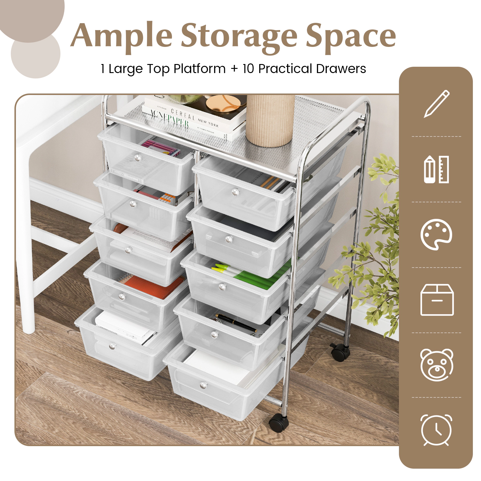 SUGIFT 10-Drawer Rolling Storage Cart with Mesh Top Platform 26-in Wide Frame 22-lb Top Capacity Transparent Drawers
