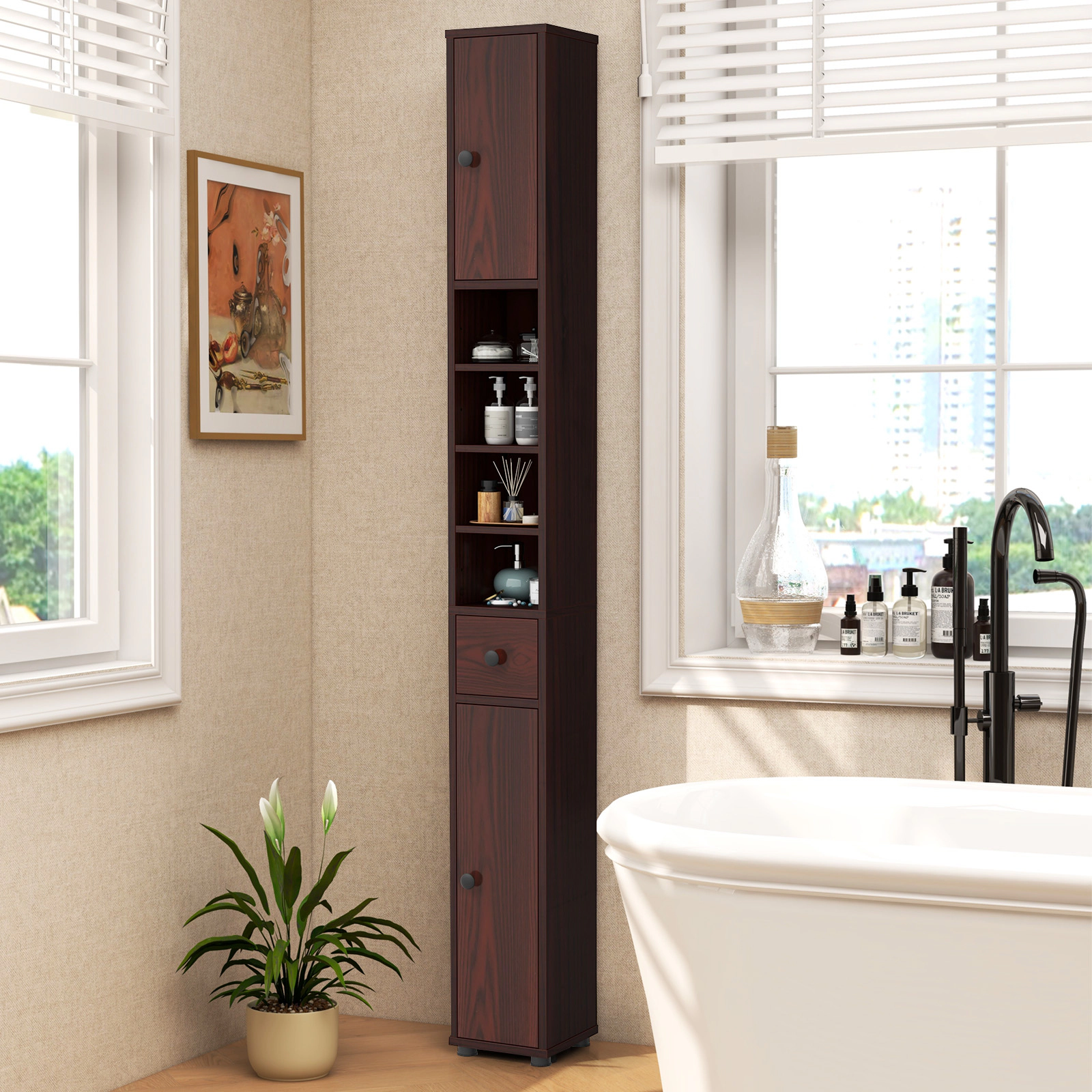 SUGIFT Brown 110-lb Capacity 8-in Slim Freestanding Bathroom Storage Cabinet with Drawer and 5 Adjustable Shelves