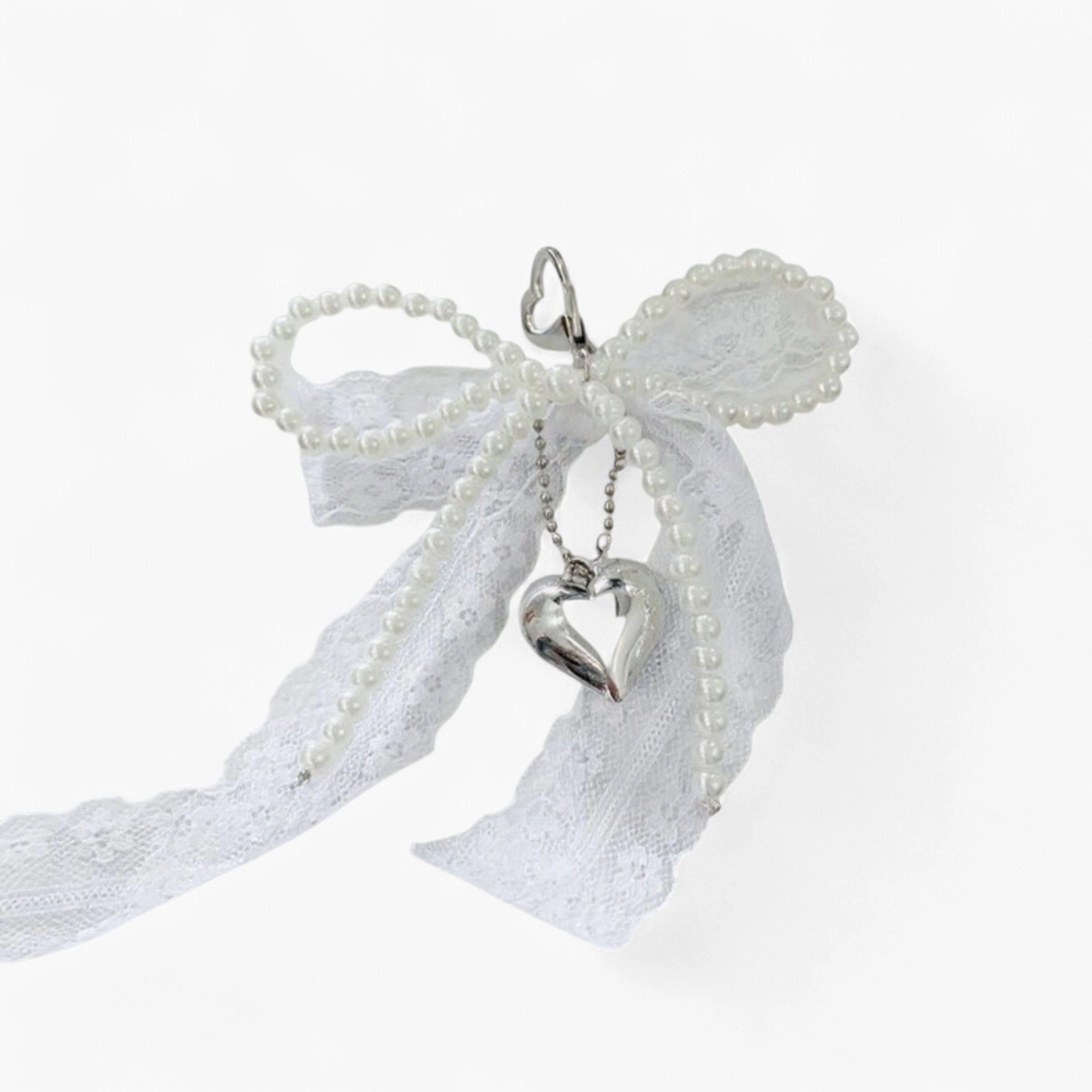 Alilang Women's Lace Bow Charm Keychain with Pearl Trim and Silver Heart Pendant