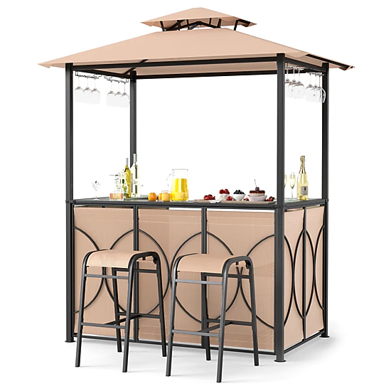SUGIFT Double Roof Grill Gazebo Set with Bar Table 2 Bar Stools and ...