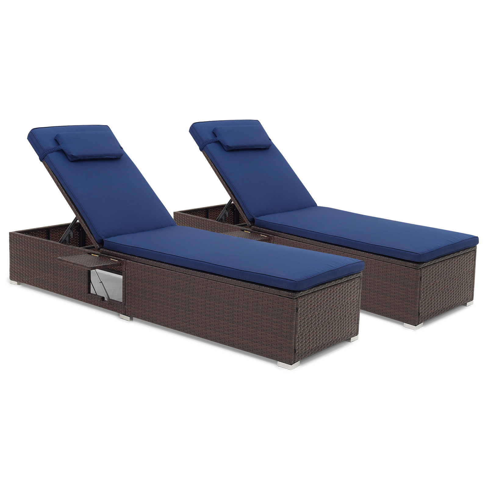 SUGIFT Cushions Headrests and Folding Side Table 400-lb Set of 2 Navy Patio Chaise Lounges
