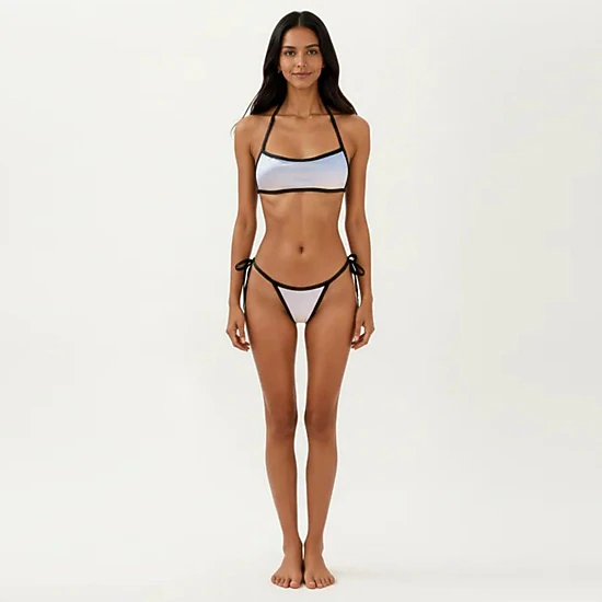 Anna-Kaci Women's 2-Piece Bikini Set with Straight Neck Sporty Top Contrast Trim Design Tie Side Bottom