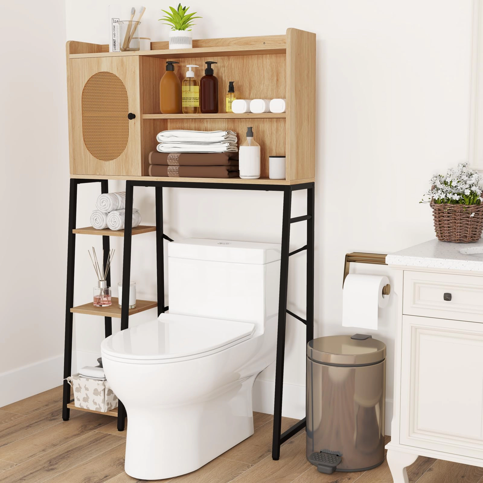 Glintex Over-the-Toilet Cabinet with PE Rattan Door and Anti-Falling Baffles, Natural