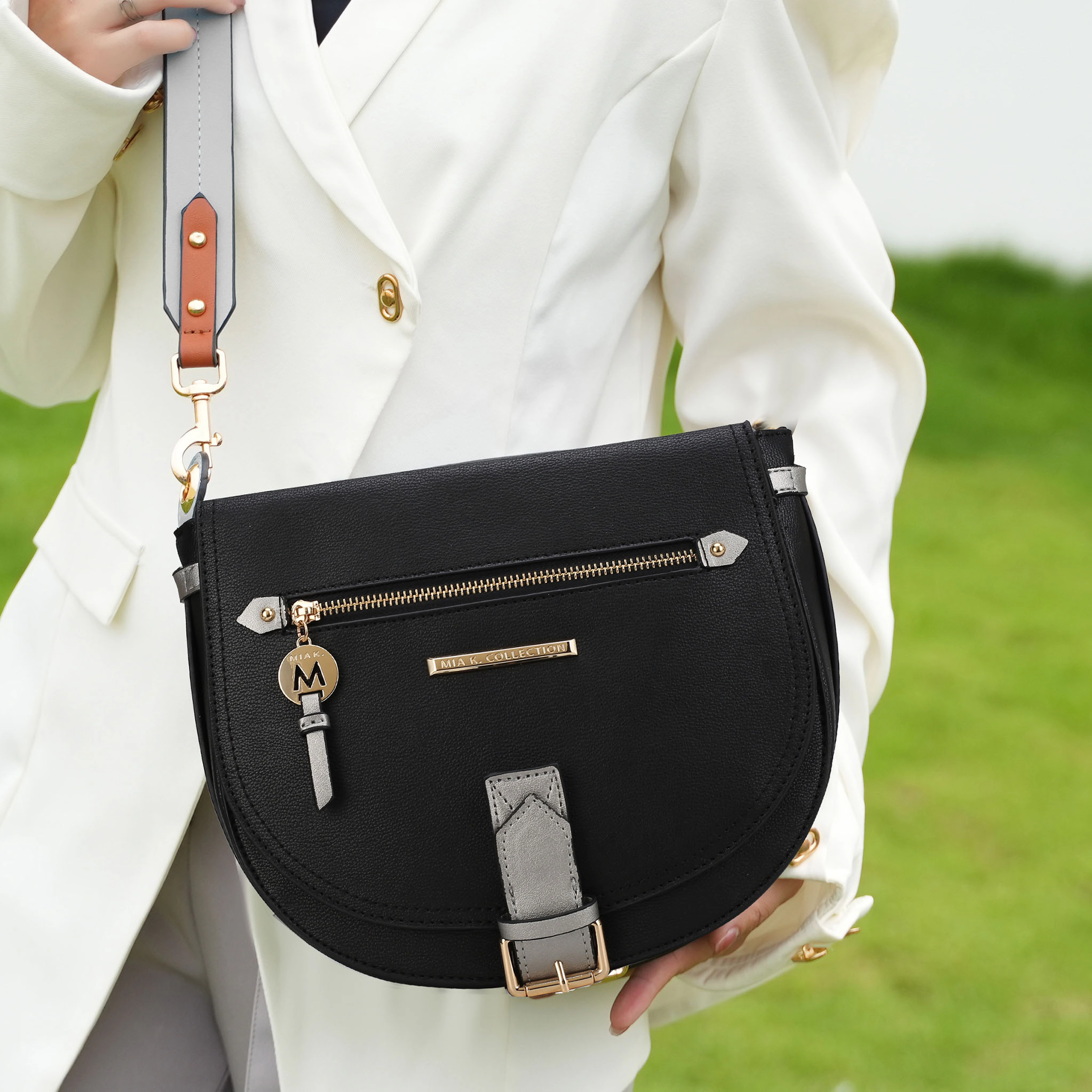 Mia K Collection Drew Shoulder Bag - Pebbled Vegan Leather Color Block, Gold-Tone Hardware