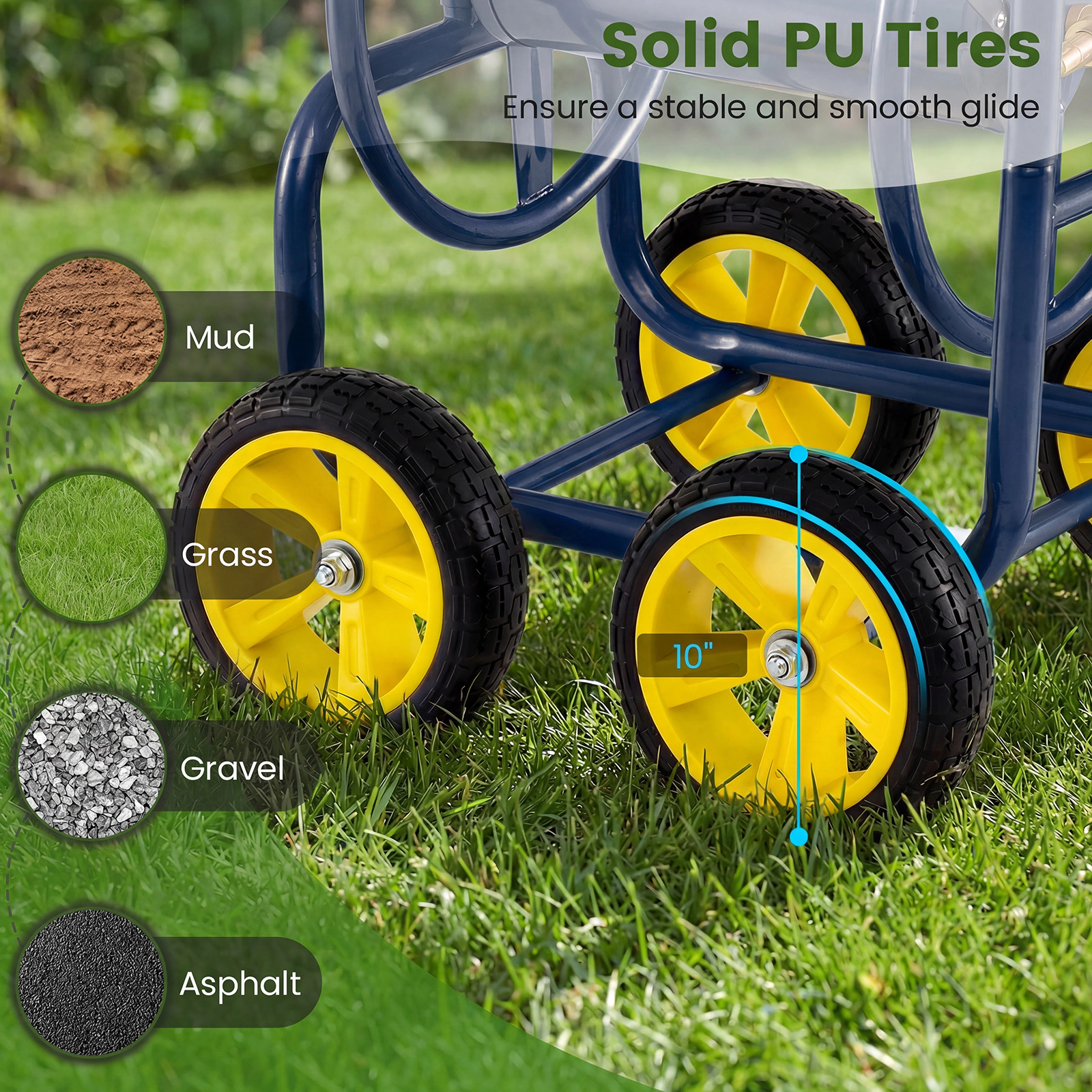 SUGIFT Navy Garden Hose Reel Cart with 4 Wheels Brass Fittings and Metal Frame for 330-ft of 5/8-in Hose