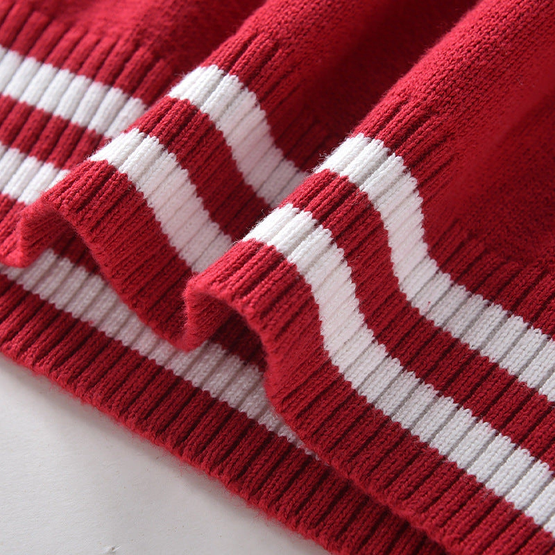 MyKids-USA Baby Solid Color Striped Hem Design O-Neck Knit Sweater