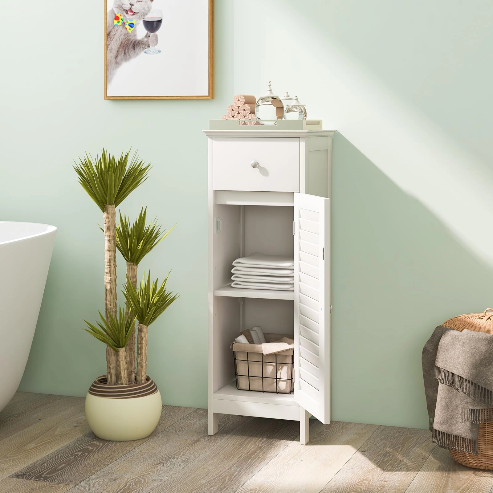 Glintex Slim Bathroom Cabinet with Shutter Door Drawer and Raised Bottom, White