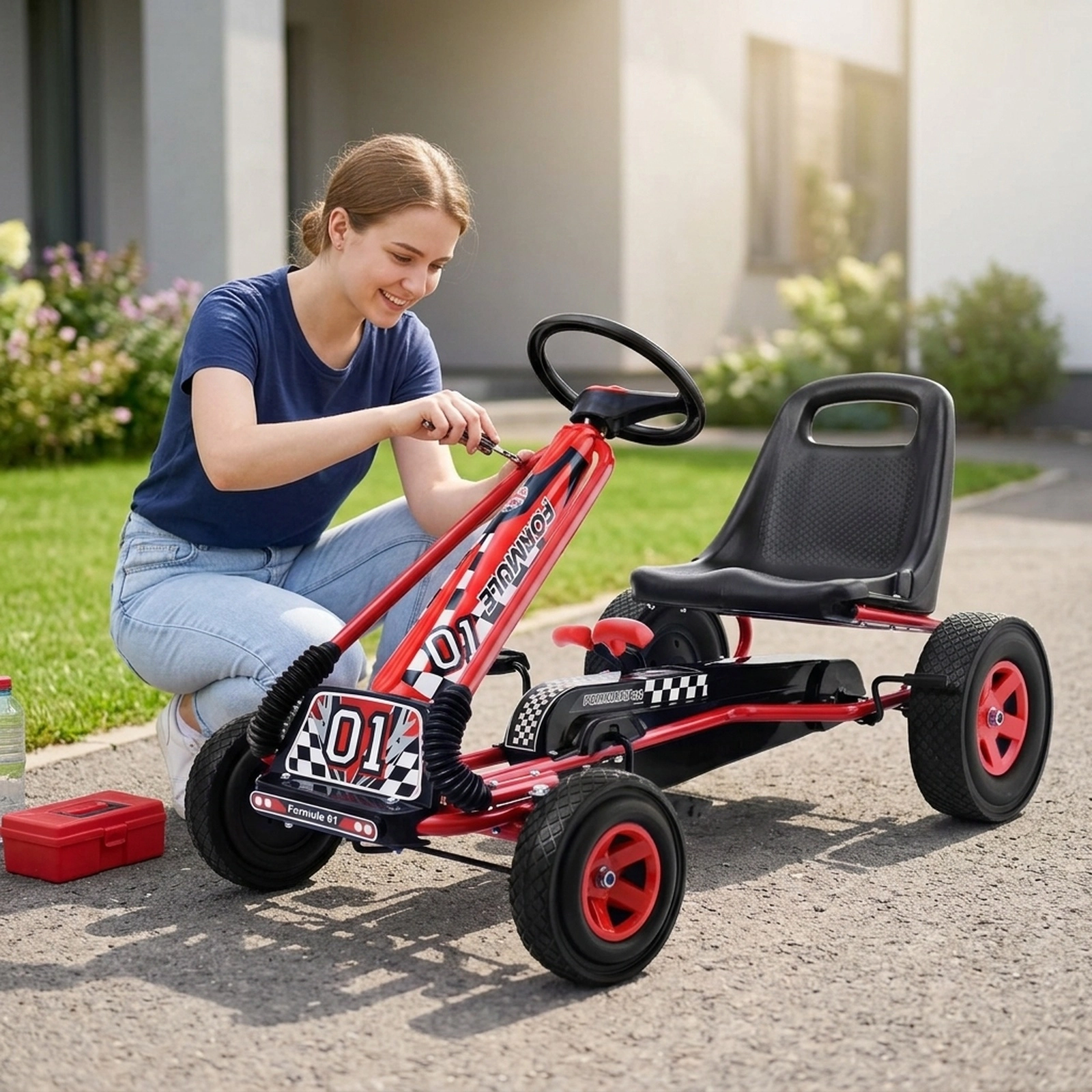 4-Wheel Pedal Go Kart for Ages 3-8 with Low Seat High Backrest and 3-Point Steering Wheel Indoor Outdoor Racer Pedal Car
