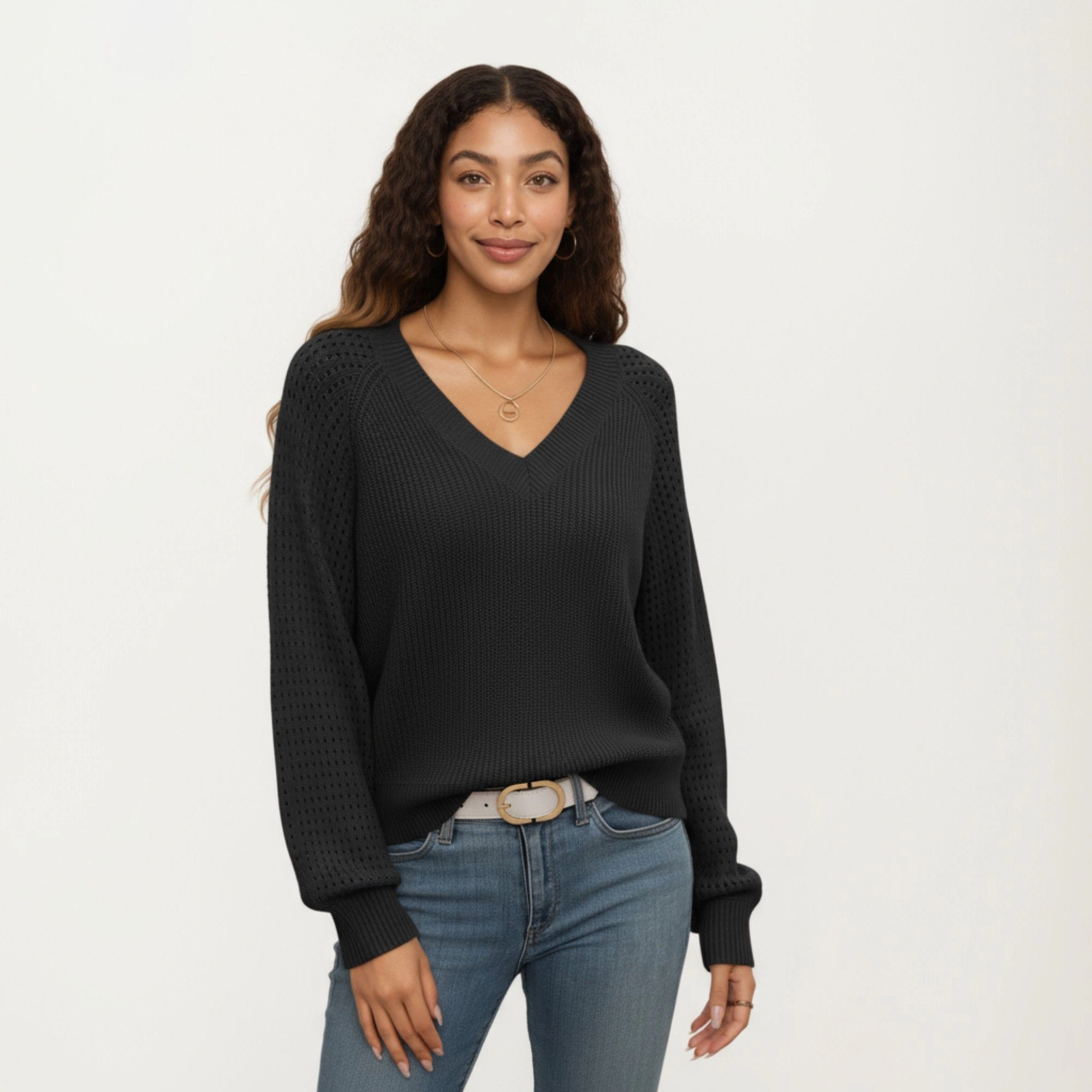Anna-Kaci Women's Pointelle Sleeve Off Shoulder Relaxed Fit Knit Sweater