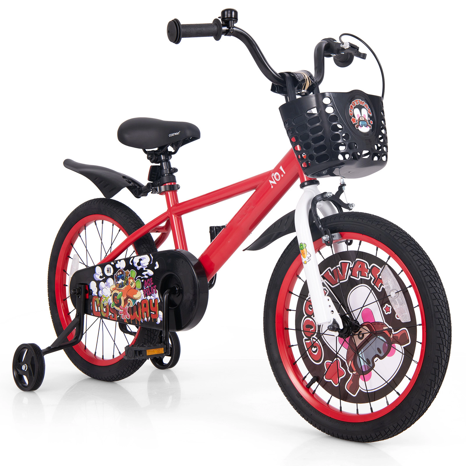 SUGIFT Adjustable 18-In Kids Bike with Training Wheels Double Brake 132-lb Capacity Ages 4-8 Red with Storage Basket