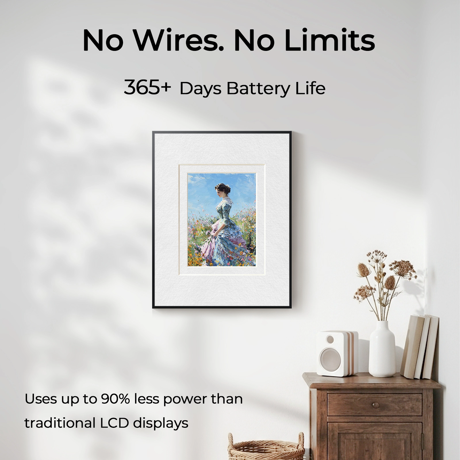 HUESSEN 13.3" Cordless E-Ink Metal Wall Art Frame Tap-to-Print