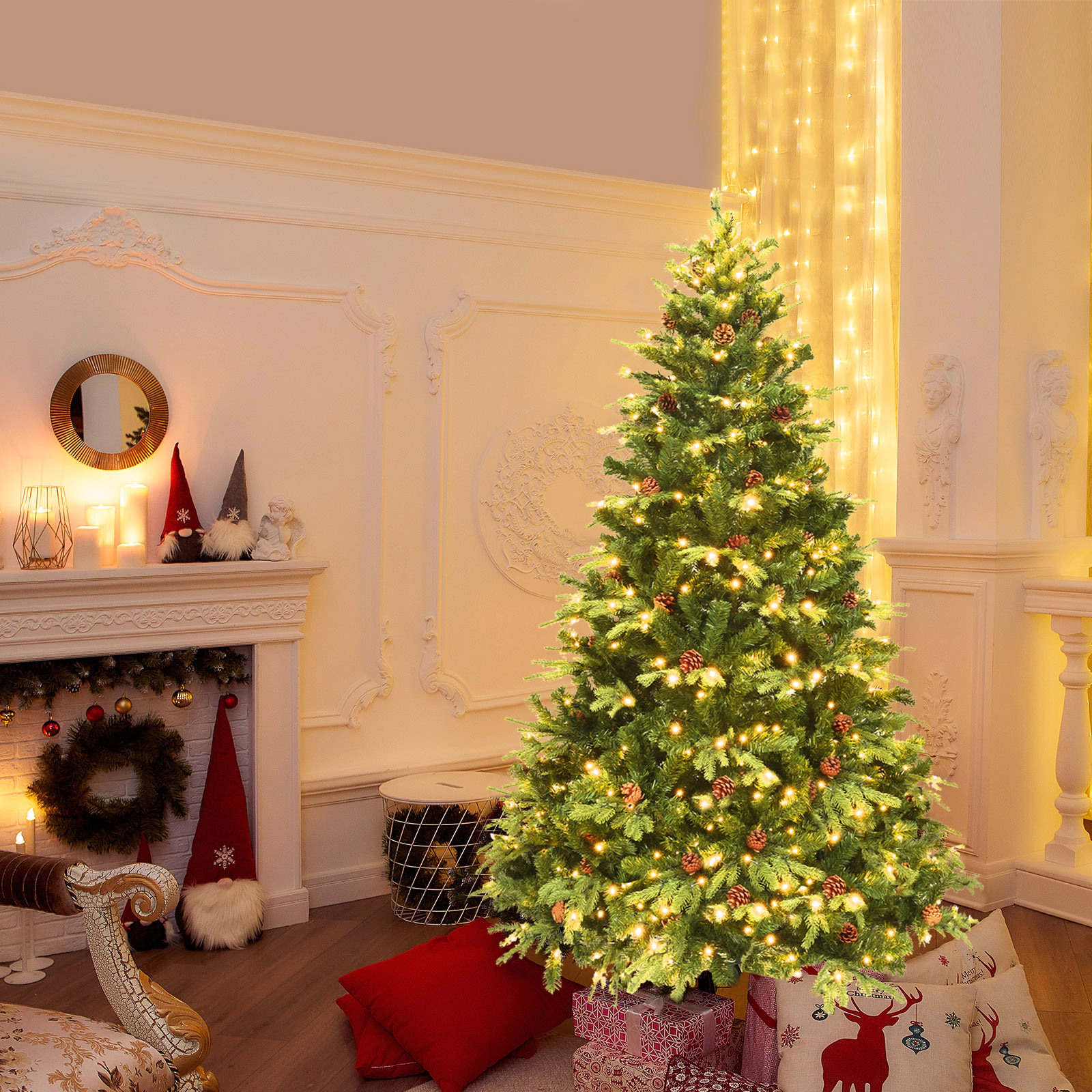 Glintex 7-Ft Pre-Lit Christmas Tree with 460 LED Lights and 61 Pine Cones, Green