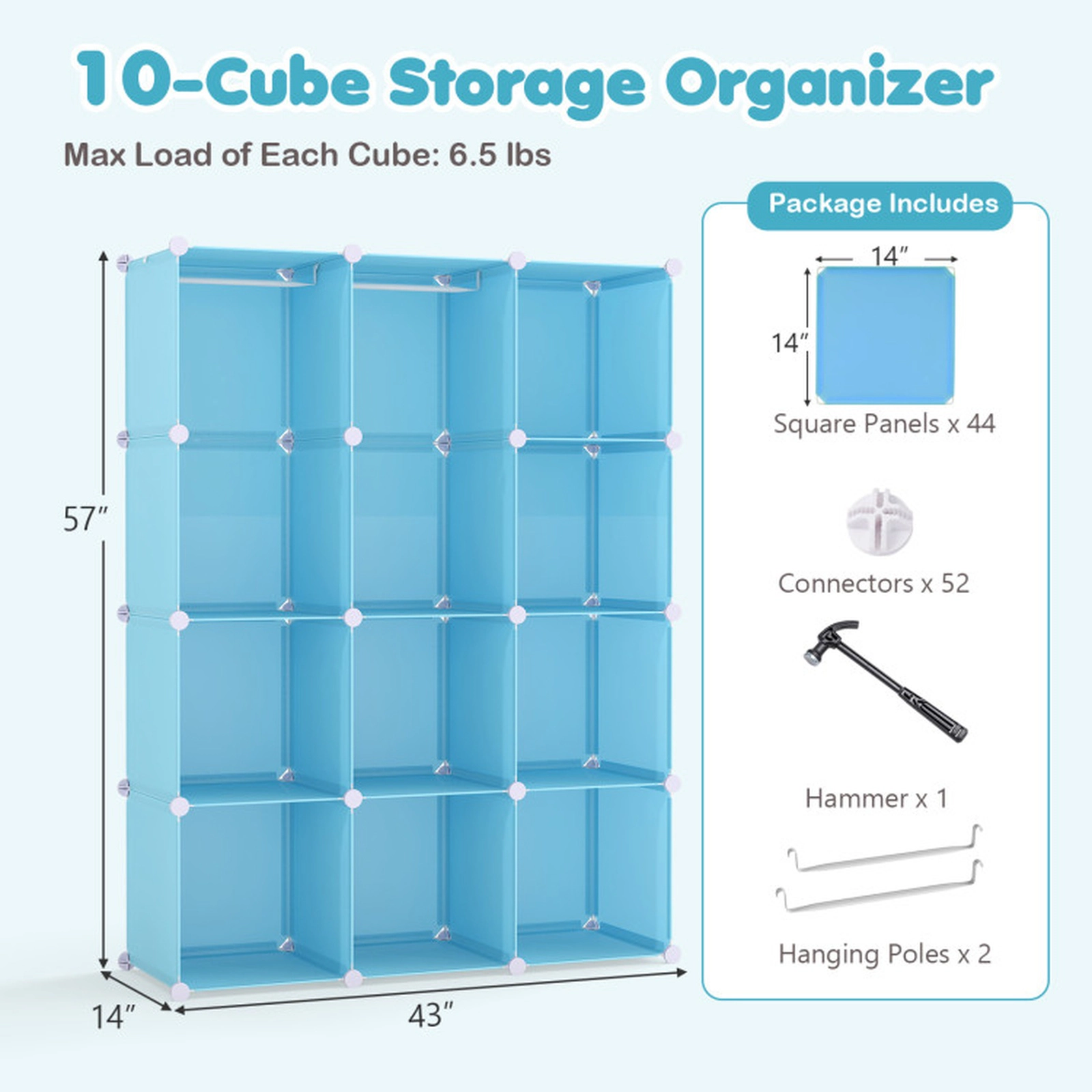 SUGIFT 10-Cube 57-in Modular Baby Wardrobe Closet and Kids Storage Organizer with Hanging Rod and Shelves