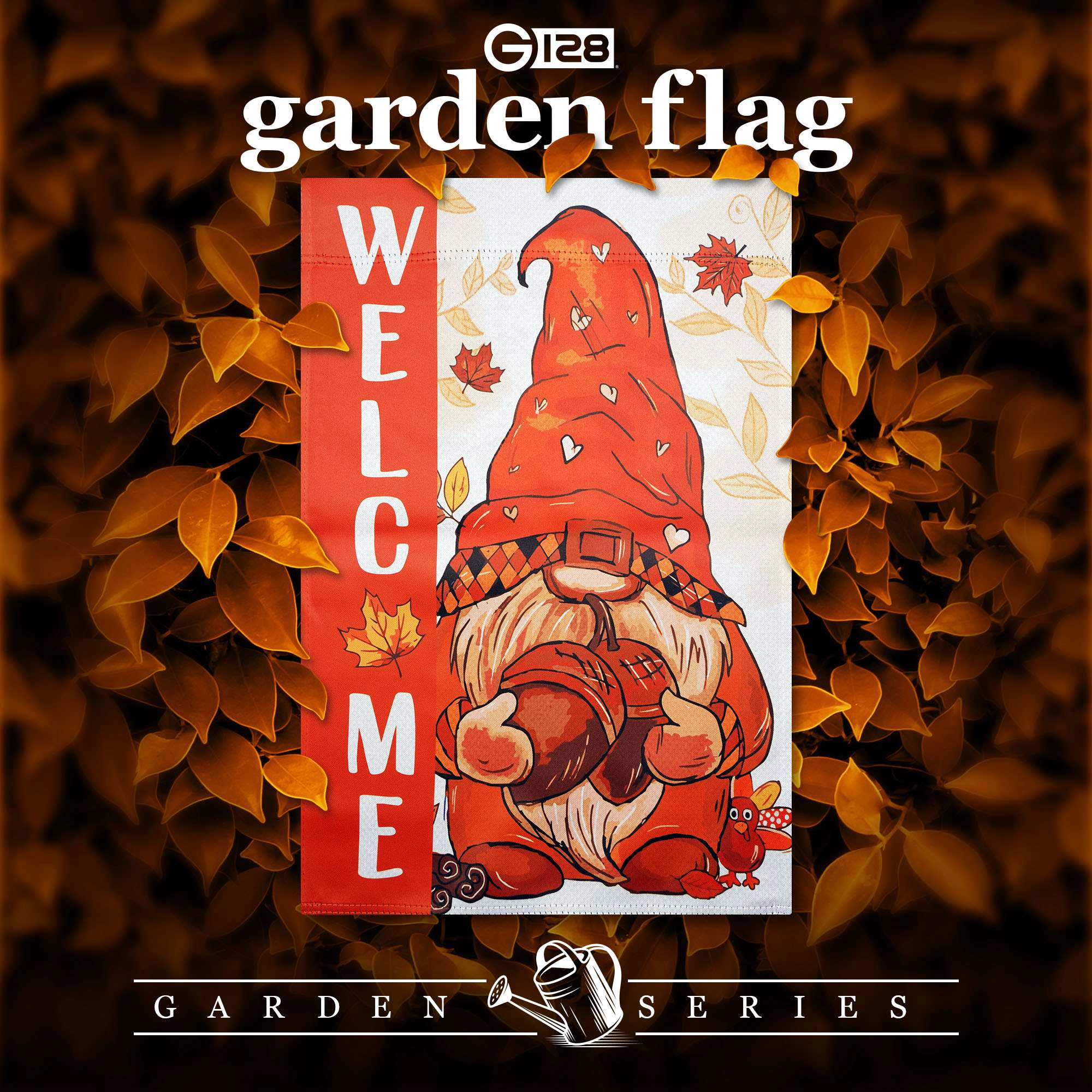 G128 Welcome Fall Gnome Acorn 12x18 Double-Sided Garden Flag