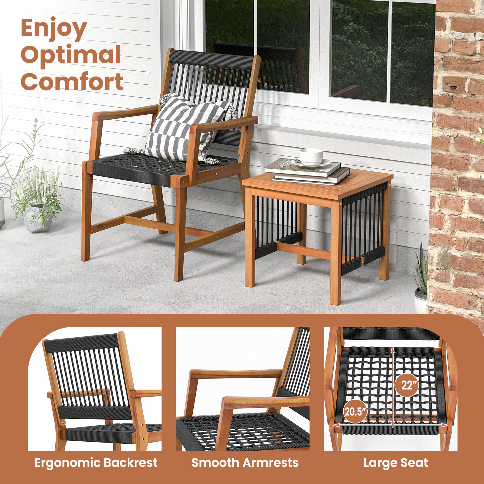 SUGIFT Hand-Woven Black Rope Seat and Back 3-Piece Acacia Wood Patio Armchair Set