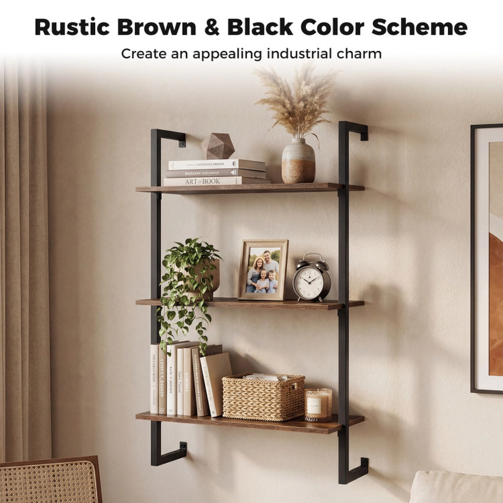 SUGIFT 3-Tier Floating Kitchen Shelf Bookcase 35.5-in Tall 22-lb Per Shelf 66-lb Total Capacity Rustic Brown and Black