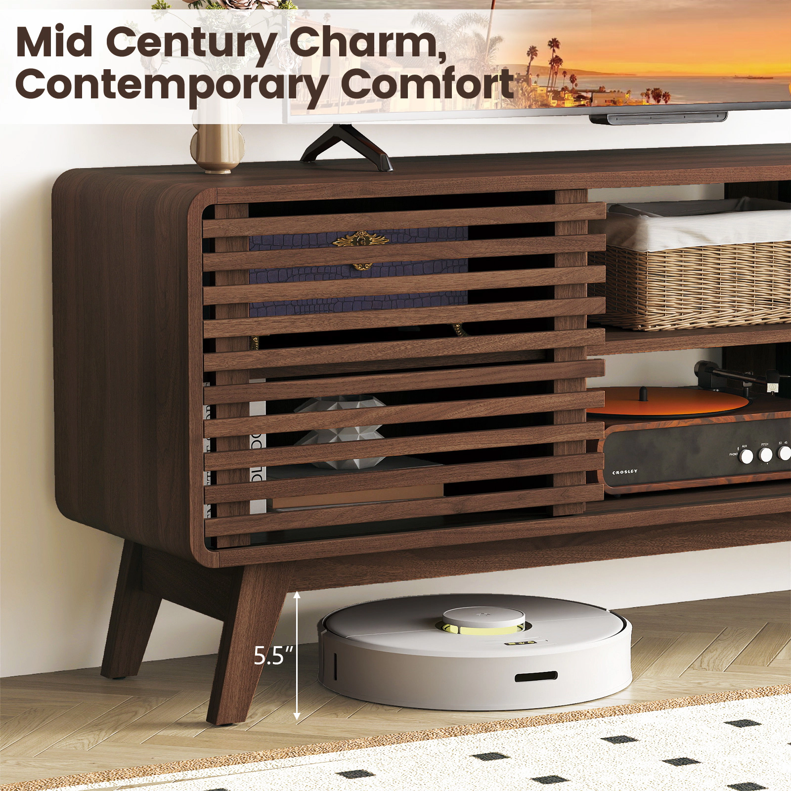 Glintex 59.5-Inch TV Stand with Sliding Doors and 3 Adjustable Shelves, Walnut