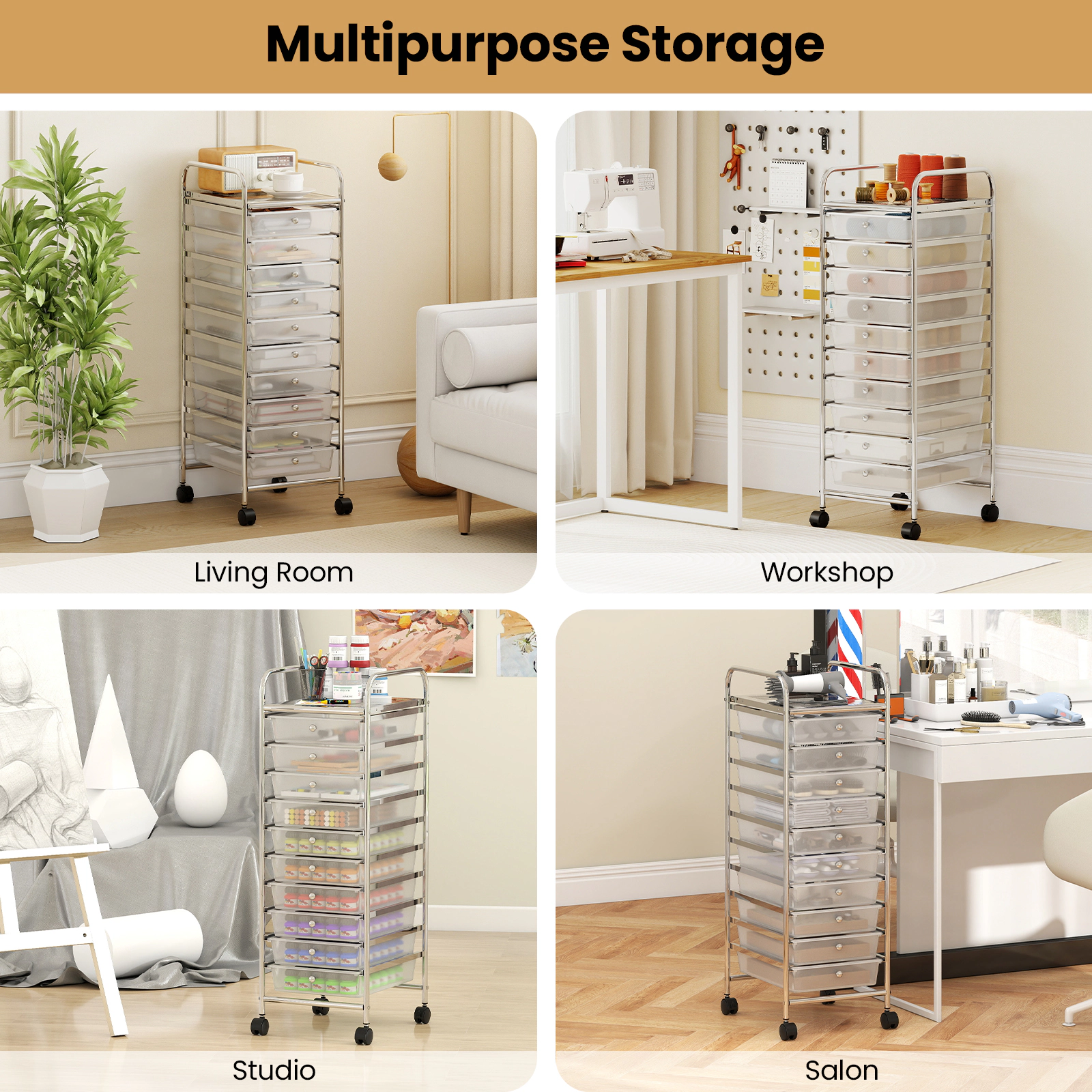 SUGIFT White 38-in 10-Drawer Rolling Cart Office Paper and Classroom Supply Organizer with Metal Frame