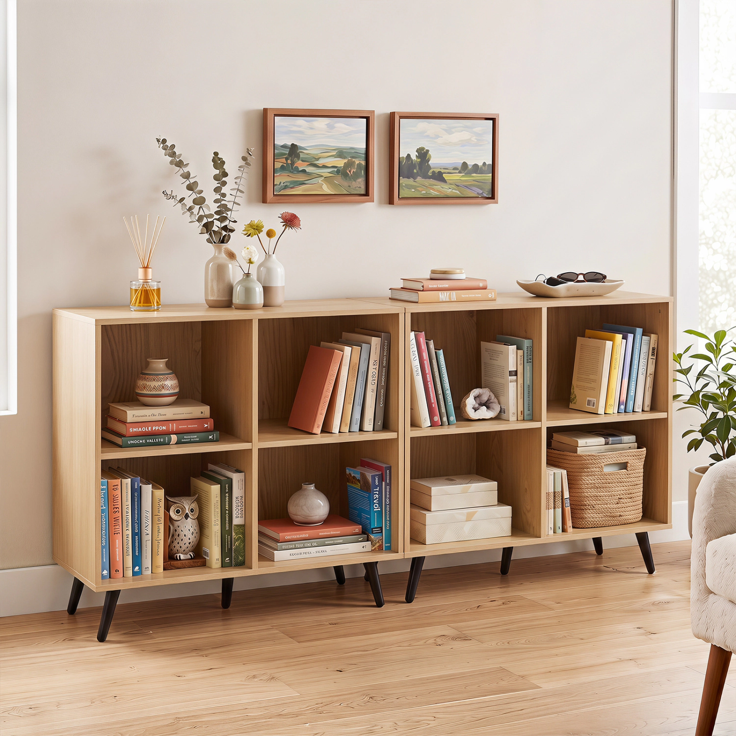 LJG 4-Cube Wooden Bookshelf Bookcase with 5 Metal Legs for Home