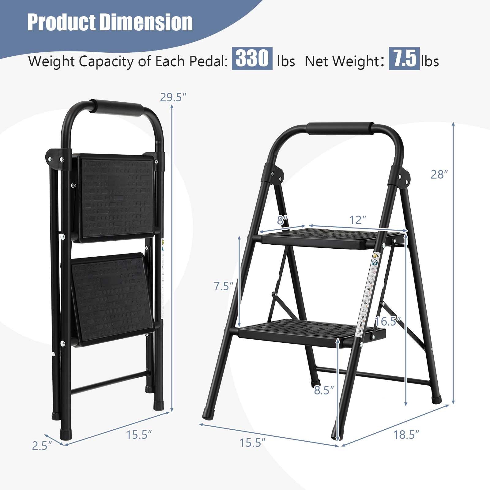 SUGIFT Folding 2-Step Metal Ladder Step Stool EVA Padded Handle Anti-Slip 330-lb Capacity 12 x 8-in Pedals Black