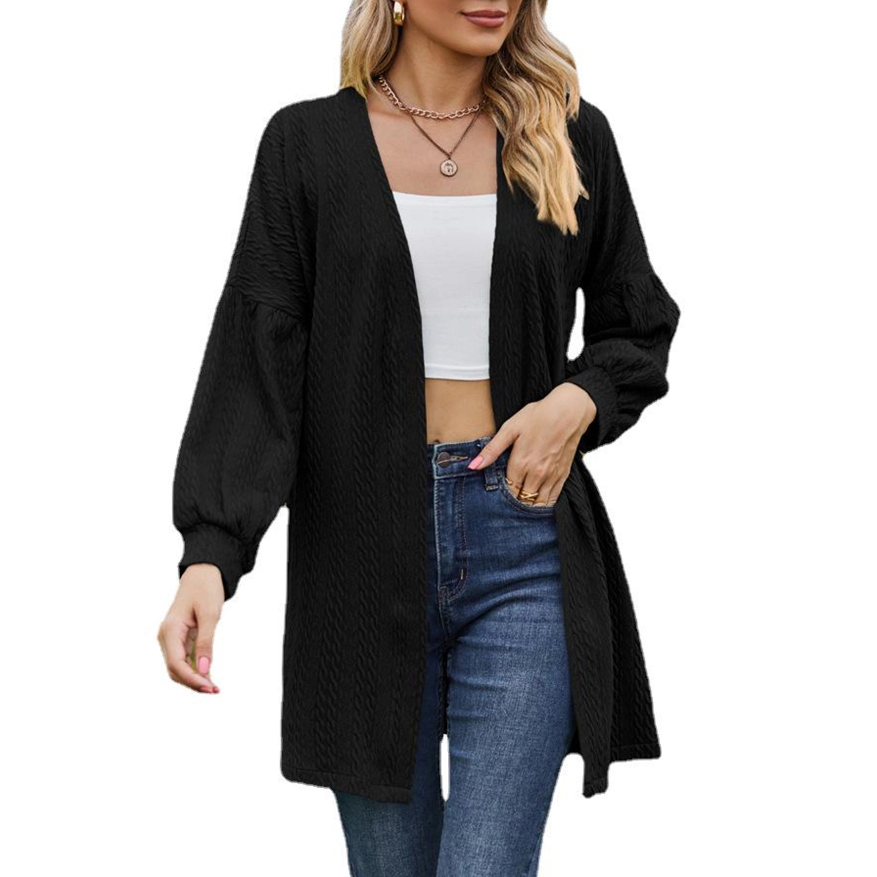 YesFashion Women Open Front Long Cardigans Lightweight Puff Sleeve Loose Fall Casual Outerwear