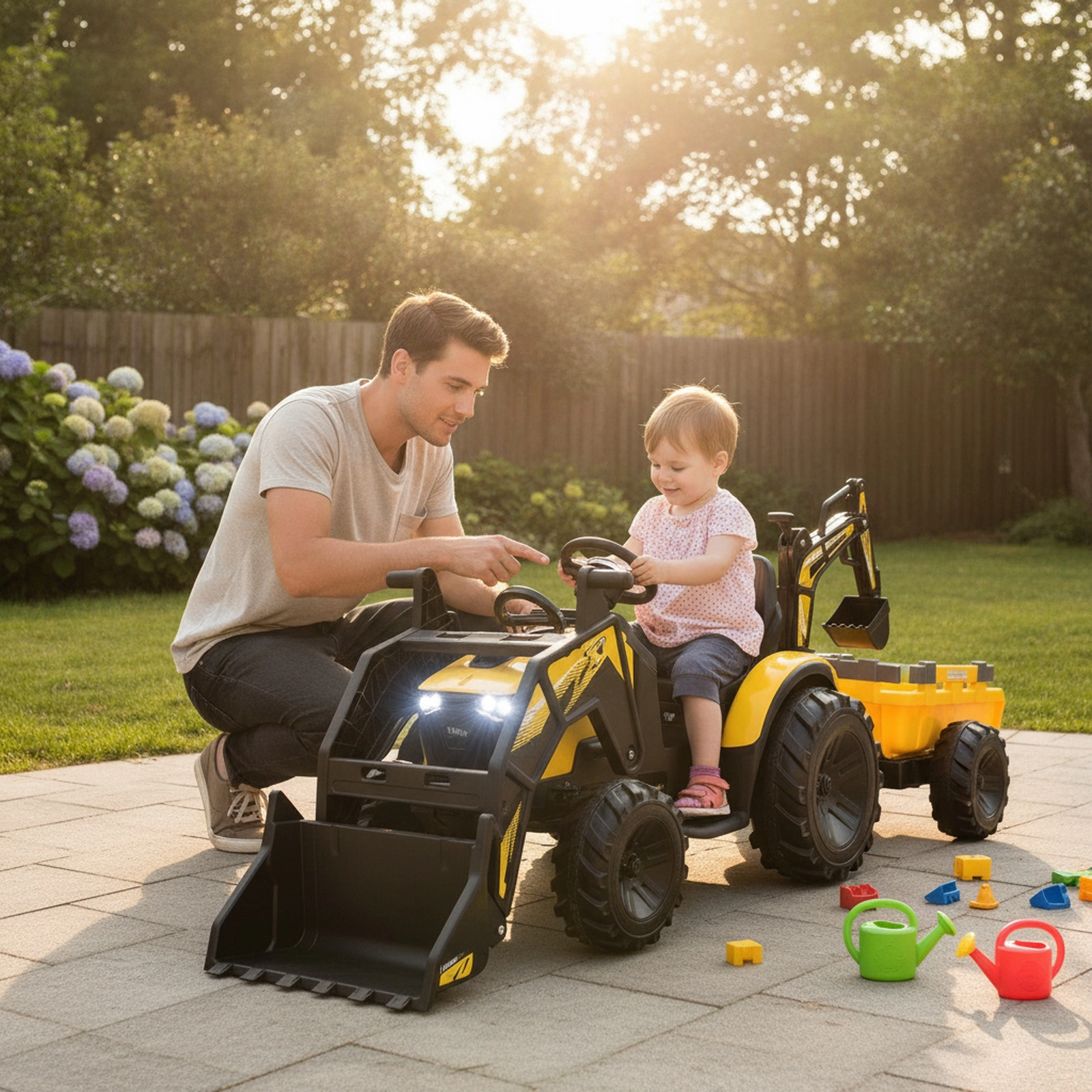 12V 3-in-1 Kids Ride On Excavator Shovel Bucket Digging Arm Trailer Battery Display Parent Remote Tractor Kids Yellow