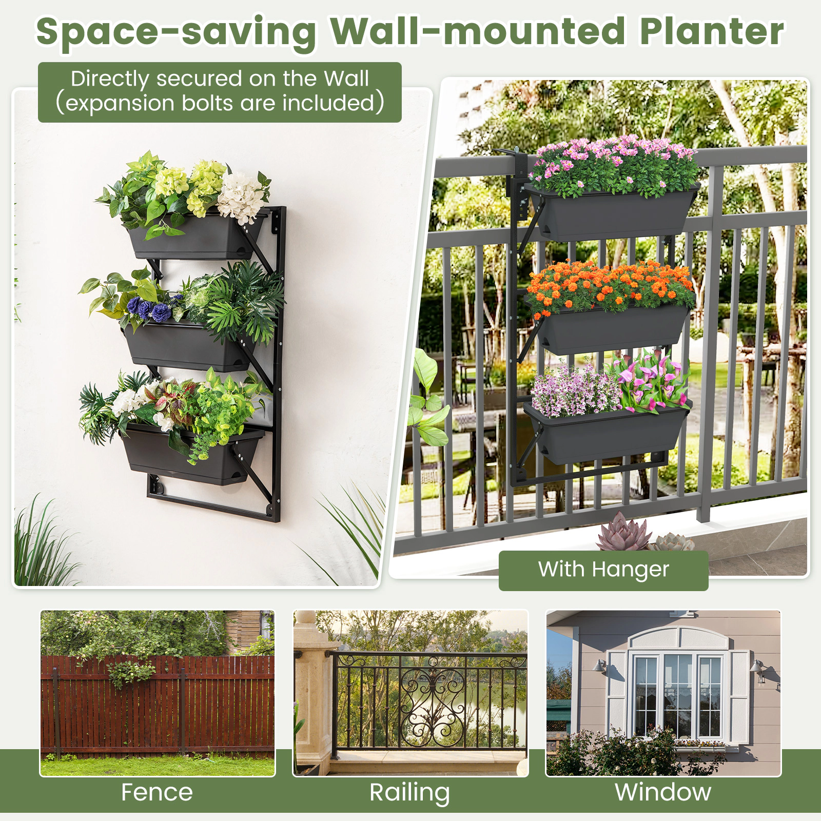 SUGIFT 3-Tier 22-lb Per-Box Hanging Vertical Planter with Detachable Boxes and Height Adjustable Hanger