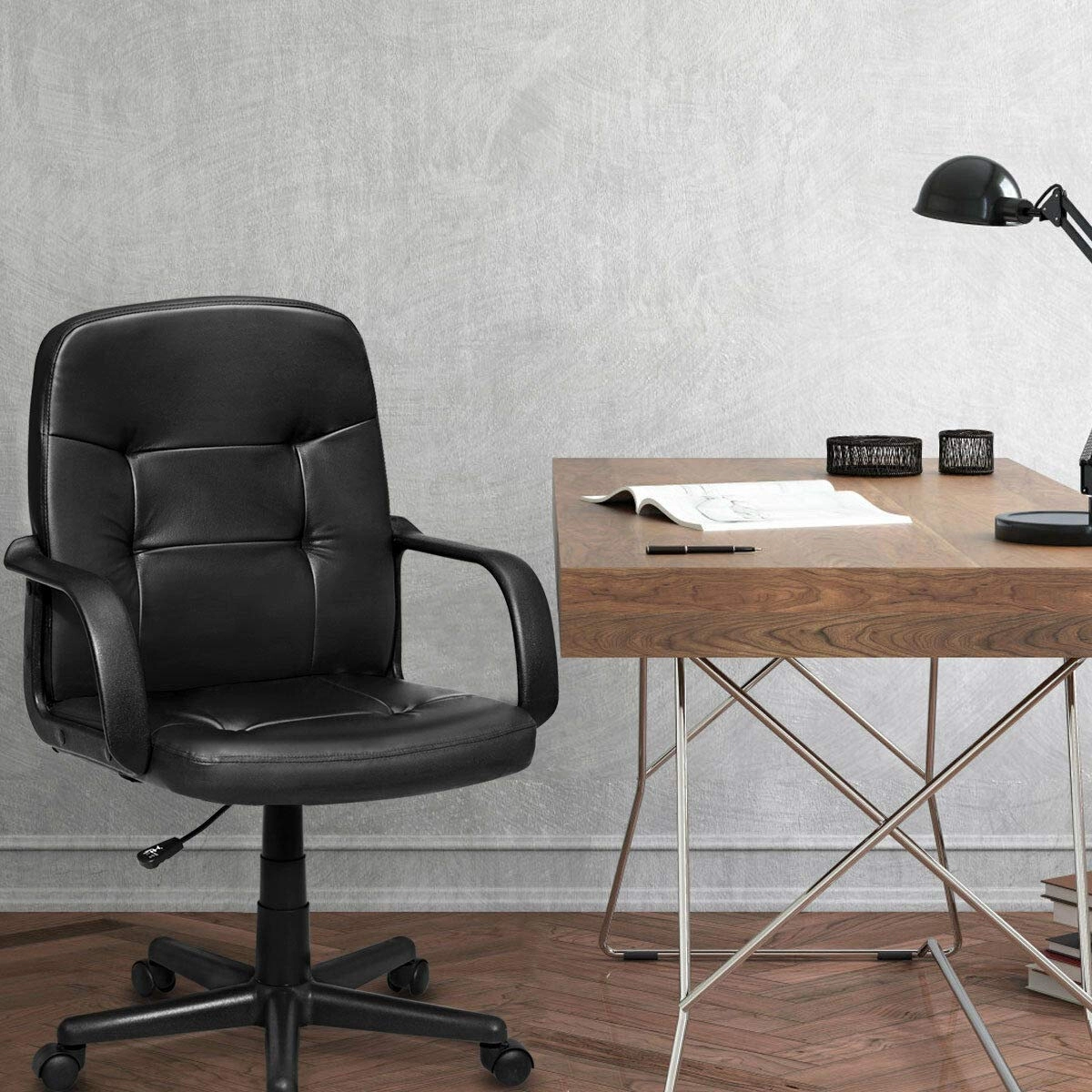 SUGIFT 250-lb Capacity Black Ribbed Leather High Back Desk Chair with Chrome Frame and 360 Degree Wheels