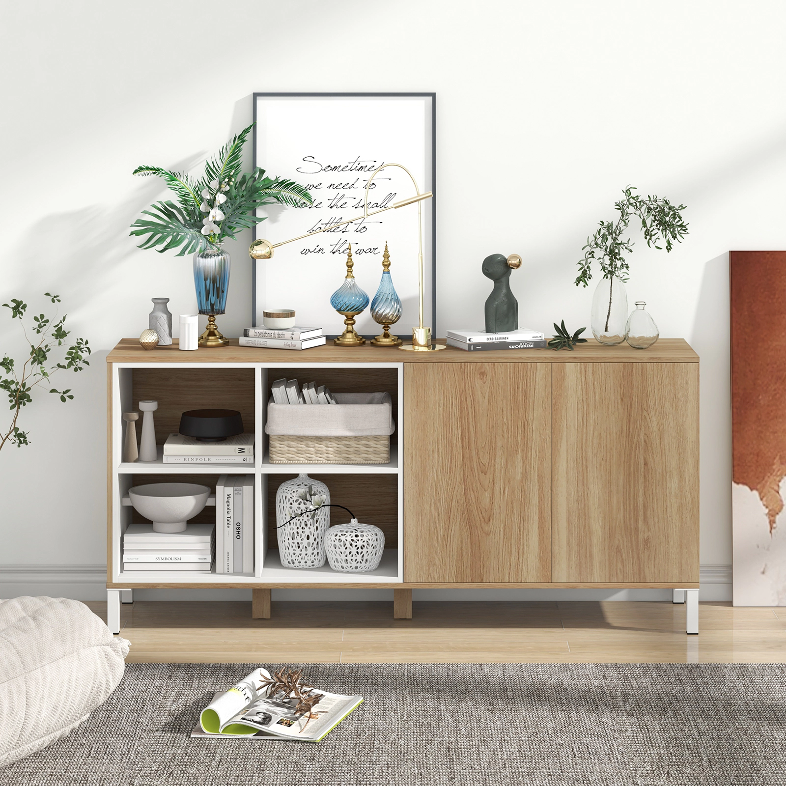 LJG 63 Inches Buffet Sideboard with 4 Compartments and Push-to-Open Cabinet