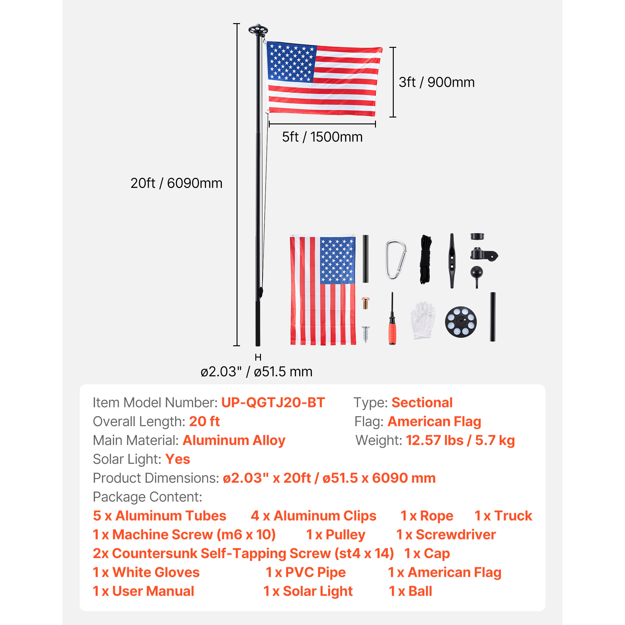 HONGGE 20 ft Sectional Flagpole Kit with Solar LED Light, Heavy Duty Aluminum In-Ground Pole, 3x5 Flag