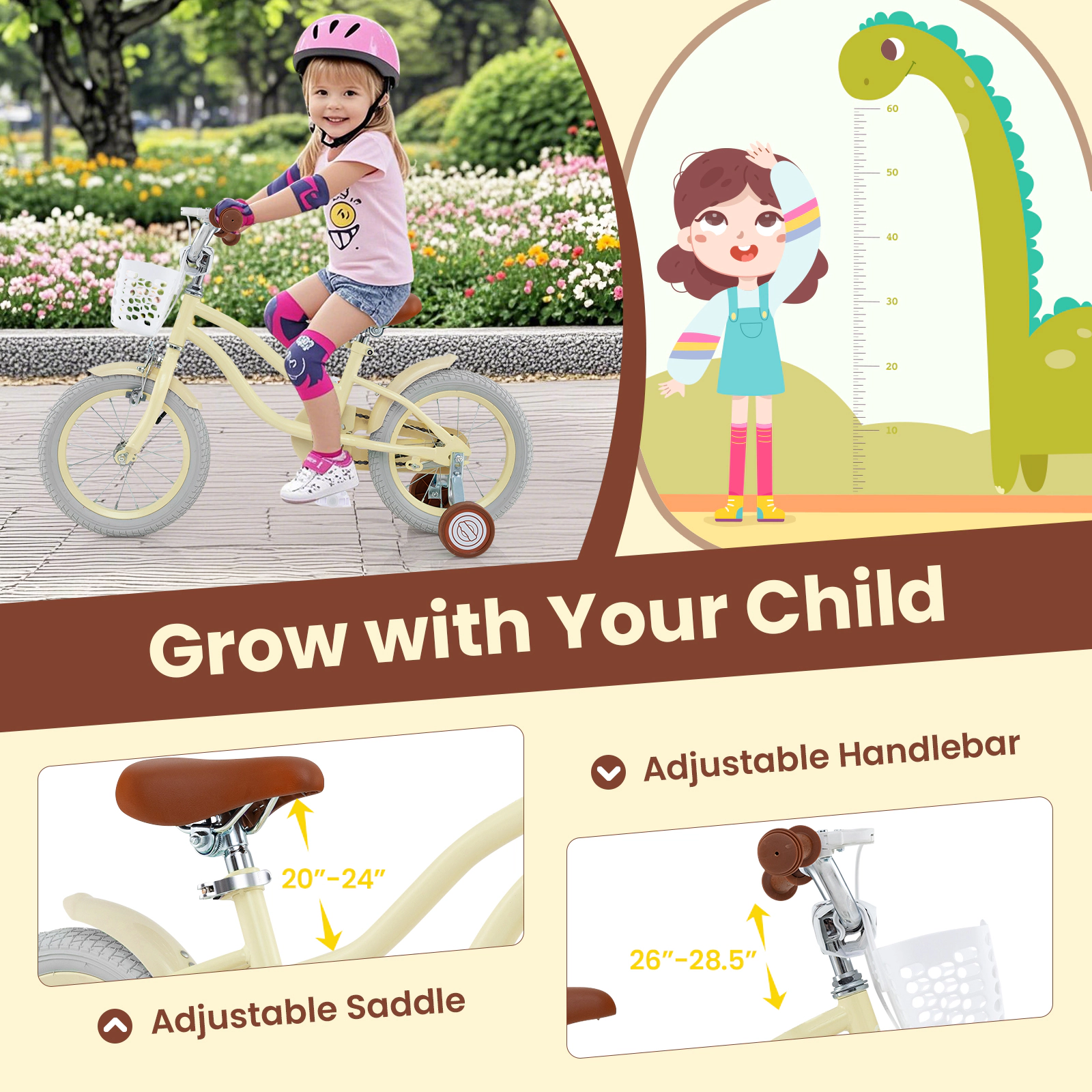 14-in Kids Bike Removable Storage Basket Training Wheels Adjustable Handlebar and Seat Pneumatic Tires Ages 3-5 Beige