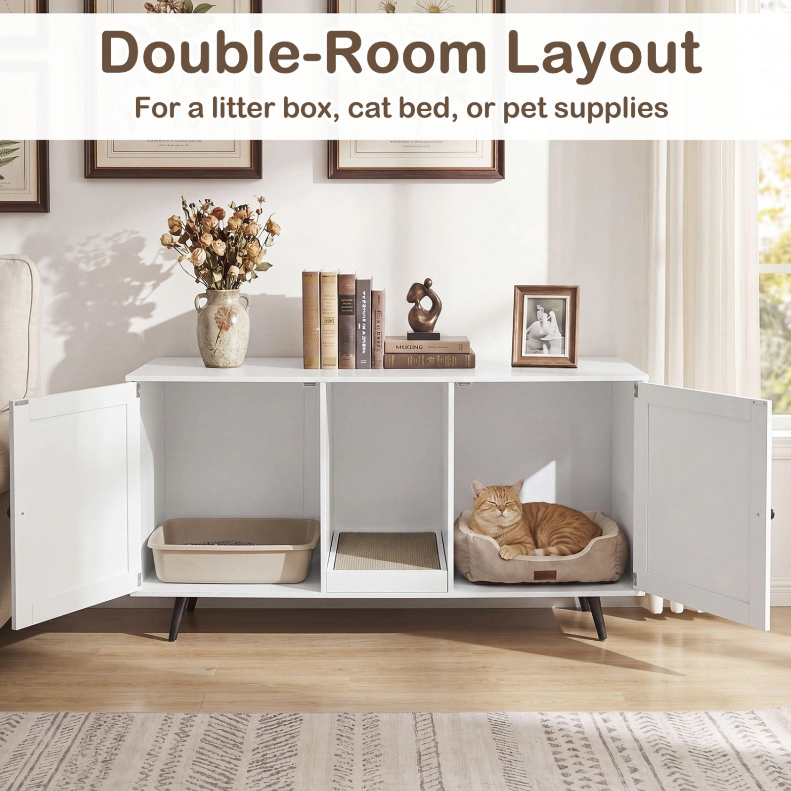 SUGIFT Double Cat Litter Box Enclosure for 2 Cats with Double Rooms and Scratching Pad 110-lb Tabletop Capacity